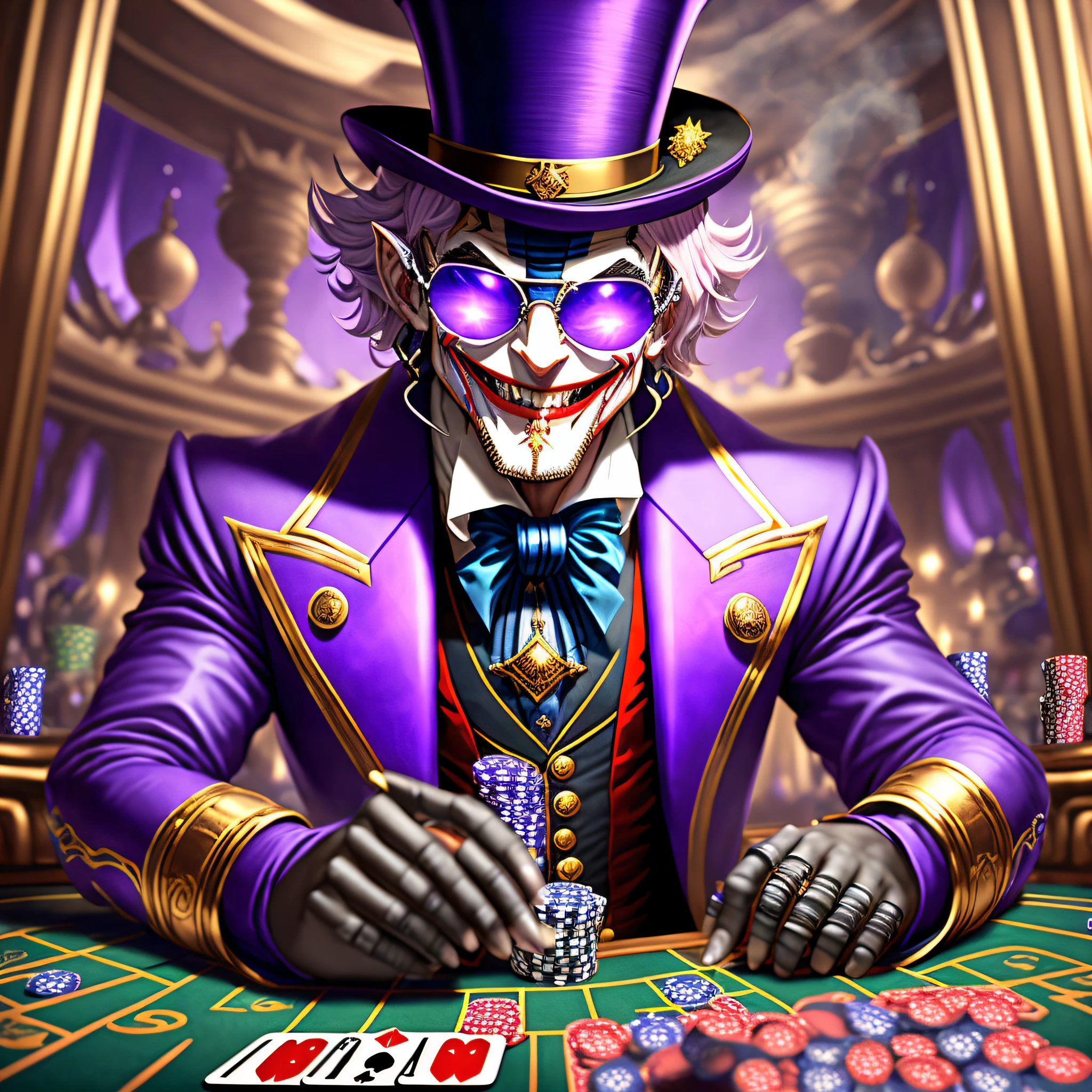 (Male: 1.3, Gold Teeth: 1.2, Robot: 0.9, Jester, Joker), (smile, purple shades), (looks at the viewer, casino décor in the background: 0.8, purple atmosphere: 0.8) 1 Male Skullhead,trickster,saturated Transparent Platinum Gray Pink,striking gaze,smirk,top hat,gambling,show stage,close-up,diabolic,masterpiece,8k,highest quality,intricate,Clockpunk,playing cards, (Male: 1.3, Gold Teeth: 1.2, Robot: 0.9, Jester, Joker), (smile, purple shades), (looks at the viewer, casino décor in the background: 0.8, purple atmosphere: 0.8) (Male: 1.3, Gold Teeth: 1.2, Robot: 0.9, Jester, Joker), (smile, purple shades), (looks at the viewer, casino décor in the background: 0.8, purple atmosphere: 0.8) hobbit,trickster,saturated Transparent Platinum Gray Pink,striking gaze,smirk,top hat,gambling,show stage,close-up,diabolic,masterpiece,8k,highest quality,intricate,Clockpunk,playing cards,hobbit,trickster,saturated Transparent Platinum Gray Pink,striking gaze,smirk,top hat,gambling,show stage,close-up,diabolic,masterpiece,8k,highest quality,intricate,Clockpunk,playing cards,