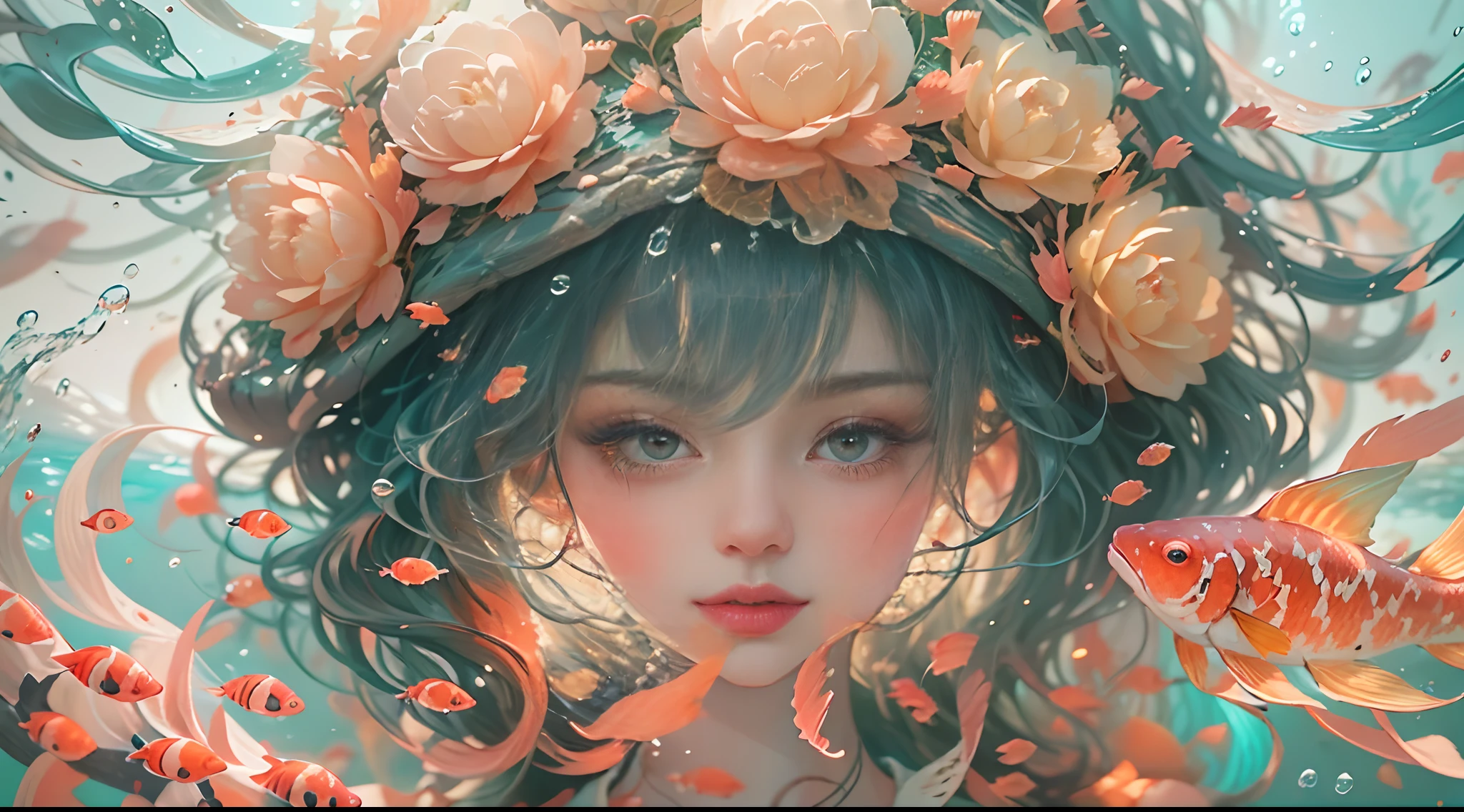 ModelShoot style, (Extremely detailed Cg Unity 8K wallpaper), A chaotic storm of intricate liquid smoke in the head, Stylized abstract portrait of beautiful girl, wetted skin,Koi，Beautiful koi，Flocks of koi,carp，Strange shaped corals，ocean floor，Beautiful coral reef in the background，Rochas,Marine life，colorful coral reef,Decorate with coral reefs,author：Petros Afshar, ross tran, tom whalen, Peter Mohrbacher, Art germ,  ((bubbly underwater scenery)) Radiant light octane rendering is highly detailed, inspired by Yanjun Cheng, Beautiful digital artwork, Guviz-style artwork, 8K highly detailed digital art, Beautiful digital illustration, Cute detailed digital art, stunning digital illustration, A beautiful artwork illustration, Exquisite digital illustration,8K detailed digital art,