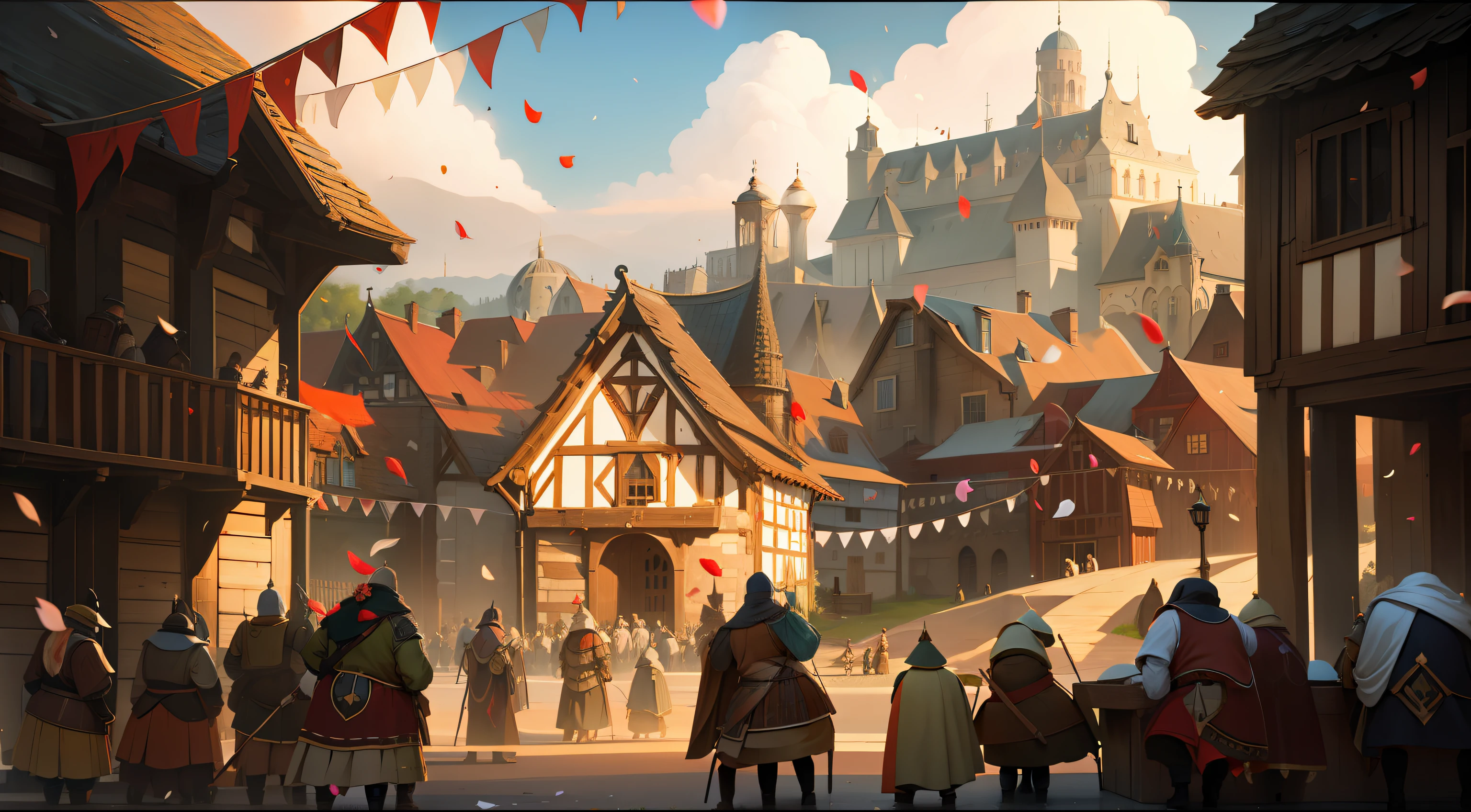 A town with medieval architecture,A lot of civilians throw petals,An army is welcome