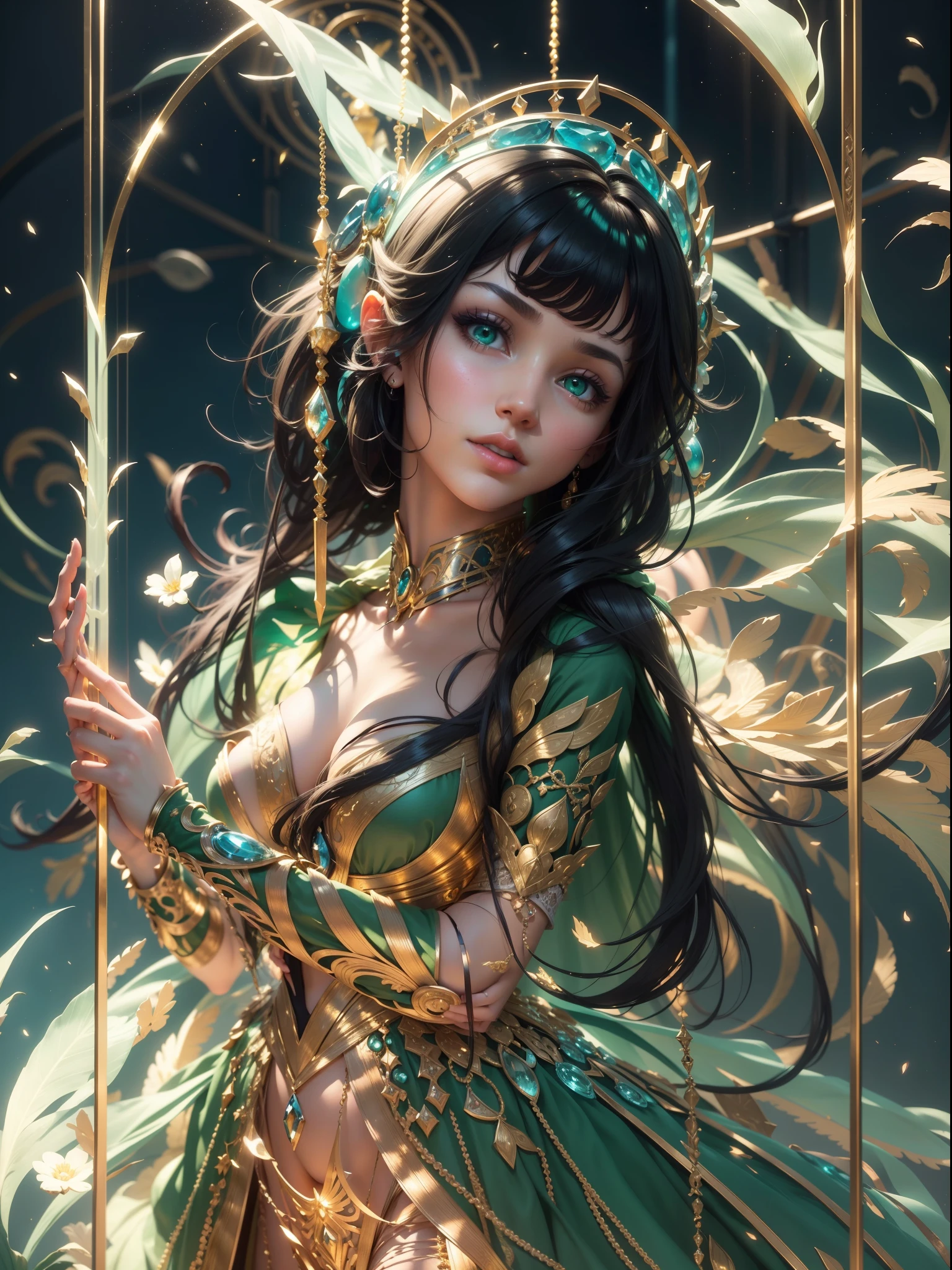 a silhouet of beautiful princess pryed in a big cage made of gold. (masterpiece), realistic, (portrait of a caucasian girl),very white skin, beautiful face, sunlight, cinematic light, bangs, a beautiful woman, beautiful eyes, black hair, long hair, perfect anatomy, very cute, princess eyes , (green eyes) , red lips, (frame the head), Centered image, stylized, bioluminescence, 8 life size,8k Resolution, wonder full, elegant, approaching perfection, dynamic, highly detailed, character sheet, concept art, smooth, facing directly at the viewer positioned so that their body is symmetrical and balanced, stunningly beautiful age girl, detailed hairstyle. whitie dress. No fringe
