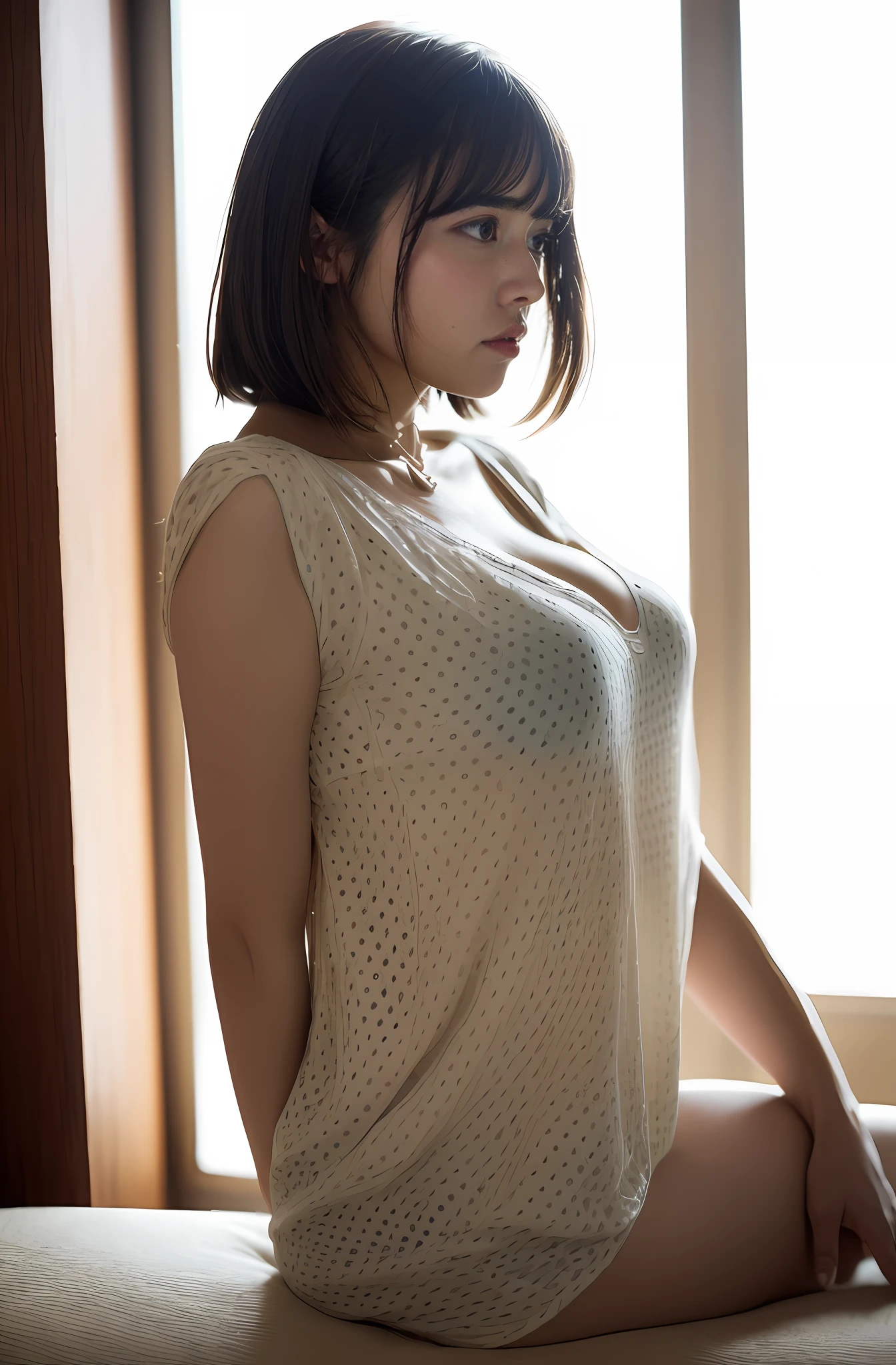 8K、top-quality、​masterpiece、超A high resolution、photo-like、SLR、beautiful japanese female、Elegance、There is a good、Gentle face、Beauty of the wind、Moist beauty、short-cut、Keep your bangs neat and tidy、Looking down，From below，、The eyes are far away、Transparent atmosphere、Beautiful face、Raised corners of the mouth、drooing eyes、Tanuki face、wrist watch、a necklace、A bracelet、Gradient lighting、Drop long bangs to the side、Girls and men、Delicate skin、Look into the distance、Brown-eyed、up chest、the shape of the chest is clear,,,,,,,,,,,,,,,,,,,,,,,、very very gigantic boobs、breasts are large、Raw photography、(pureerosface_v1:0.5)、Polka Dot Puff Sleeve Button Front Blouse、Front button、Ｖbottleneck、white  clothes、Sleeveless、no sleeves、Sleeveless blouse、sleeve less、tight fitted、white  clothes、、Sexy clothes、Sheer feeling、Take your eyes off、subject、Lean、Look here、Ass big、big butts、bbw、morning sunlight、Station platform、The morning sun is dazzling、crouching down、sitting down on the floor、Squat on the floor、Crouching posture、Sit up、on floor、