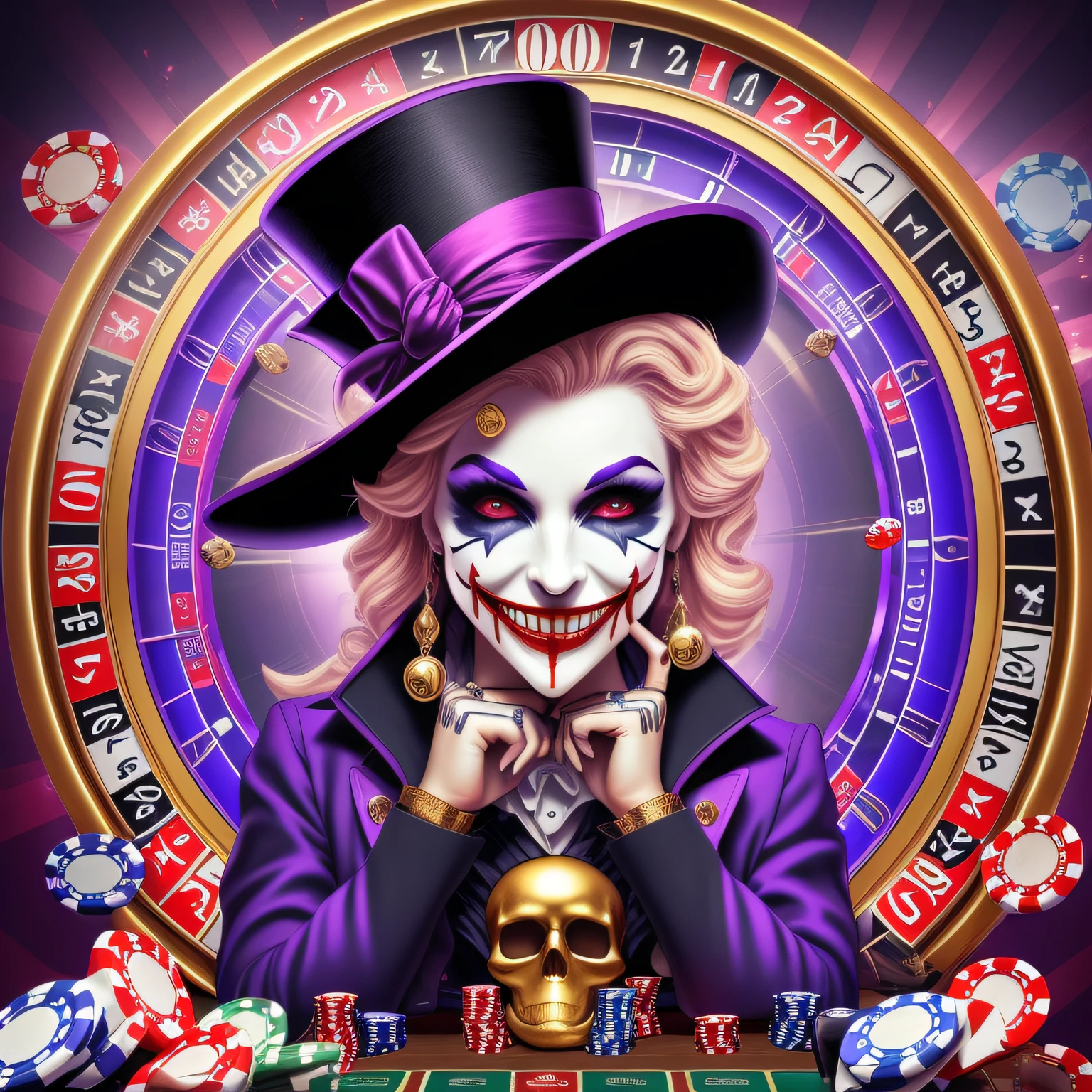 Logo, 8k, BEST QUALITY, High Definition (Beauty), Realistic, 1 Real Person, 777 in Slot Machine , Full Head & Jester Hat Skull, 1 Male, Jester Hat, Skullhead Jester Hat,trickster,saturated Transparent Platinum Gray Pink,striking gaze,smirk,top hat,gambling,show stage,close-up,diabolic,masterpiece,8k,highest quality,intricate,Clockpunk,playing cards,Evil skullhead with jester hat details, clear fingers, Beautiful dark details, clear fingers, (Male: 1.3, Gold Teeth: 1.2, Evil Skull: 0.9, Jester, Joker), (smile, purple shades), (looks at the viewer, casino décor in the background: 0.8, purple atmosphere: 0.8) --auto --s2