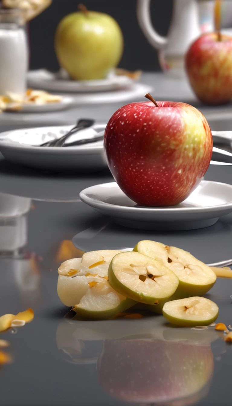 An apple sprinkled on the table, hyper realistic digital painting, Colorful hyperrealism, Amazing food illustration, Blender apples, Amazing food photography, ultrarealistic oil painting, hyper realistic color photo, ultrarealistic oil painting, realistic colorful photography, ultrarealistic oil painting, ultrarealistic oil painting, beautiful 3d render, hyperrealistic digital painting