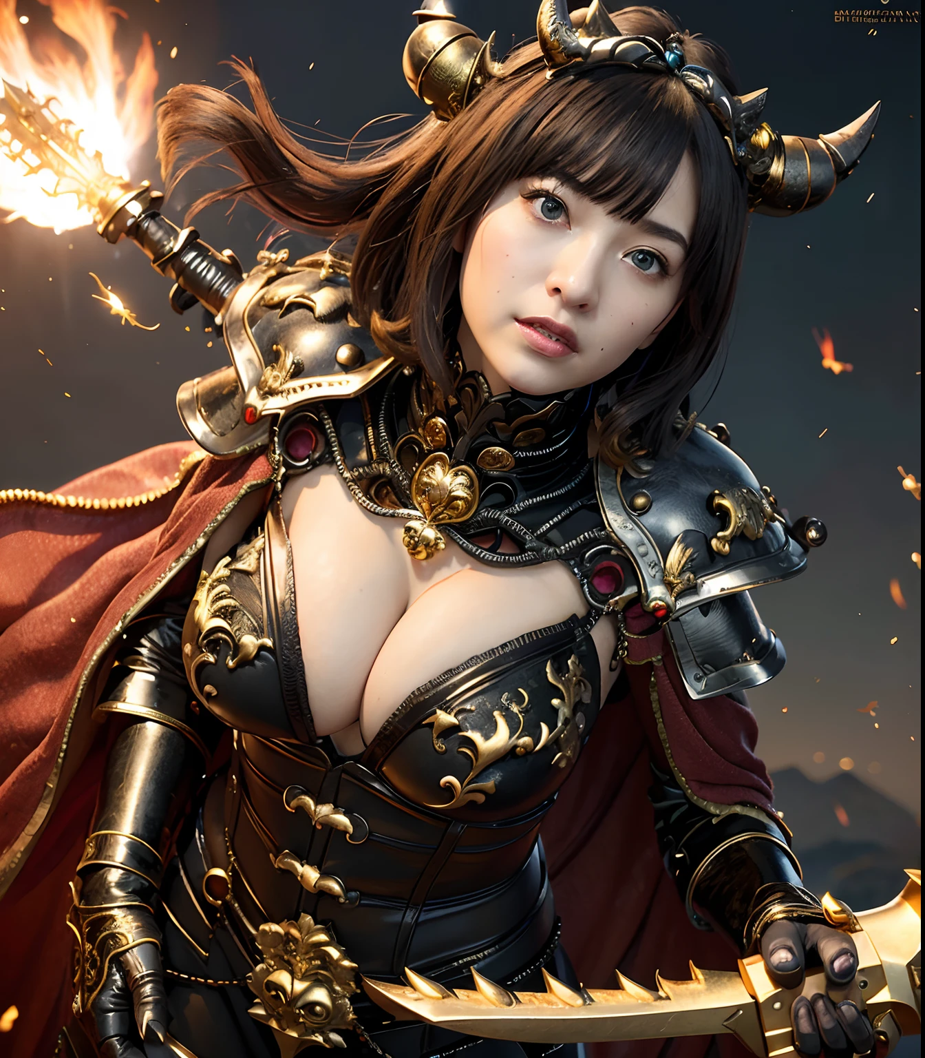 Professional , masterpiece、top-quality、photos realistic , depth of fields (Gemstone Black Metal Body:1.9),(Enamel Black、(cleavage of the breast)、Dragon Gold Weapon(Dragon Metal Body:1.4),Gorgeous gold weapons ,(( Dragon's dense and gorgeous sword)) , Beautiful knife ,warhammer 40k , adepta sororitas,Detail and gorgeous crown、((Brown hair))、(Castle background)、The dragon、((Gangle's forest background))、Beautiful Caucasian beauty、(1a person)、dynamic ungle,(((Detailed and ornate Black Devil Crown)))、Smaller head、A smile、Castle background、Thin and beautiful female hands、cleavage of the breast、Soldier in iron armor on background、Mystical expression、Light Effects、Wind-effect、magic circles、With the legendary magic wand、(demonic wings)、Toostock、