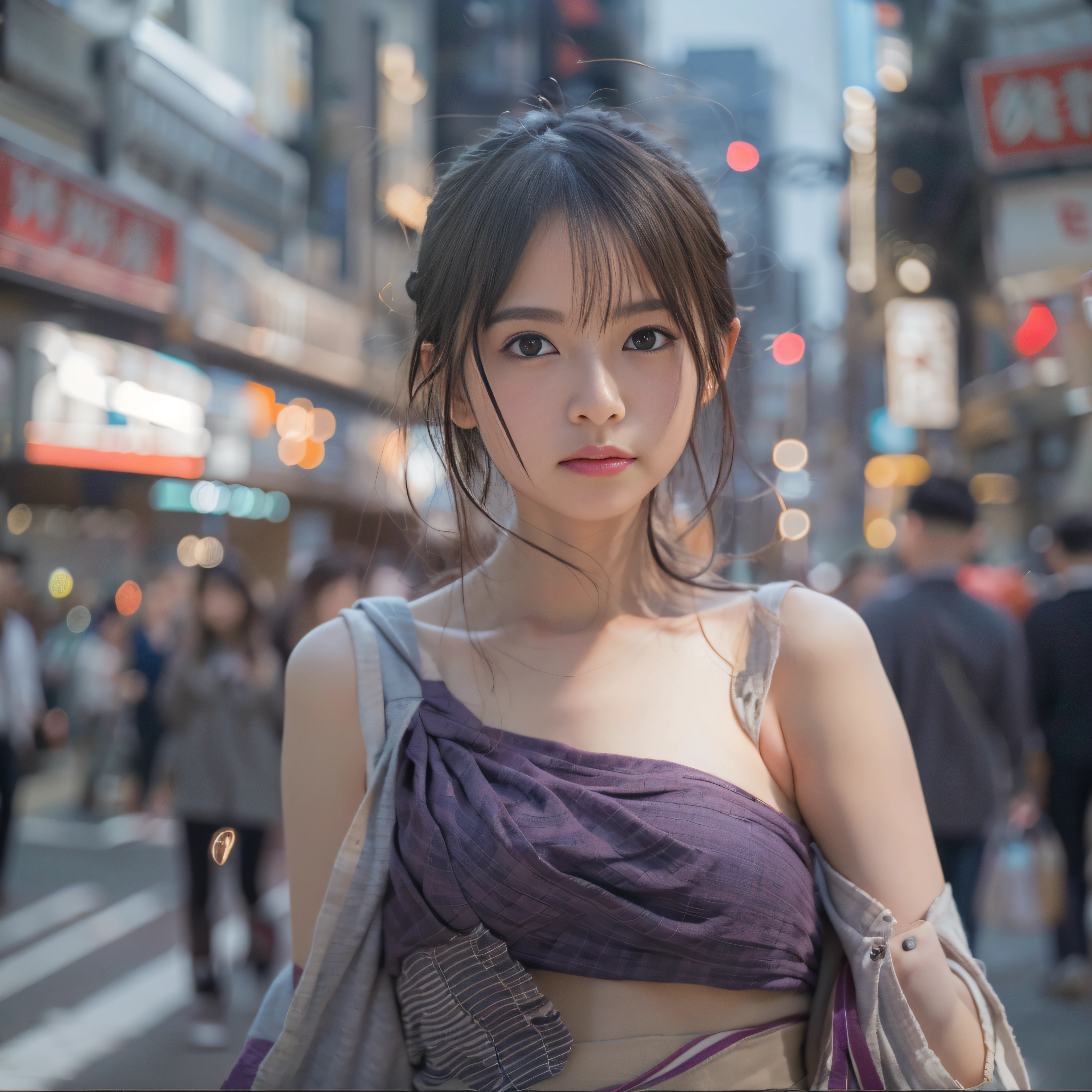 1人、on tokyo street、A city scape、The upper part of the body、a closeup、A smile、、(8K、Raw photography、top-quality、masterpiece:1.2)、(realisitic、photoRealstic:1.37)、Highly detailed eyelash drawing、(((Top image quality))),Colossal tits、Fine skin, (Beautiful hair), (Perfect Anatomy), (Realistic), (Dynamic Angle), Pose Seductive,Perfect,Sensual look、top-quality、hight resolution、