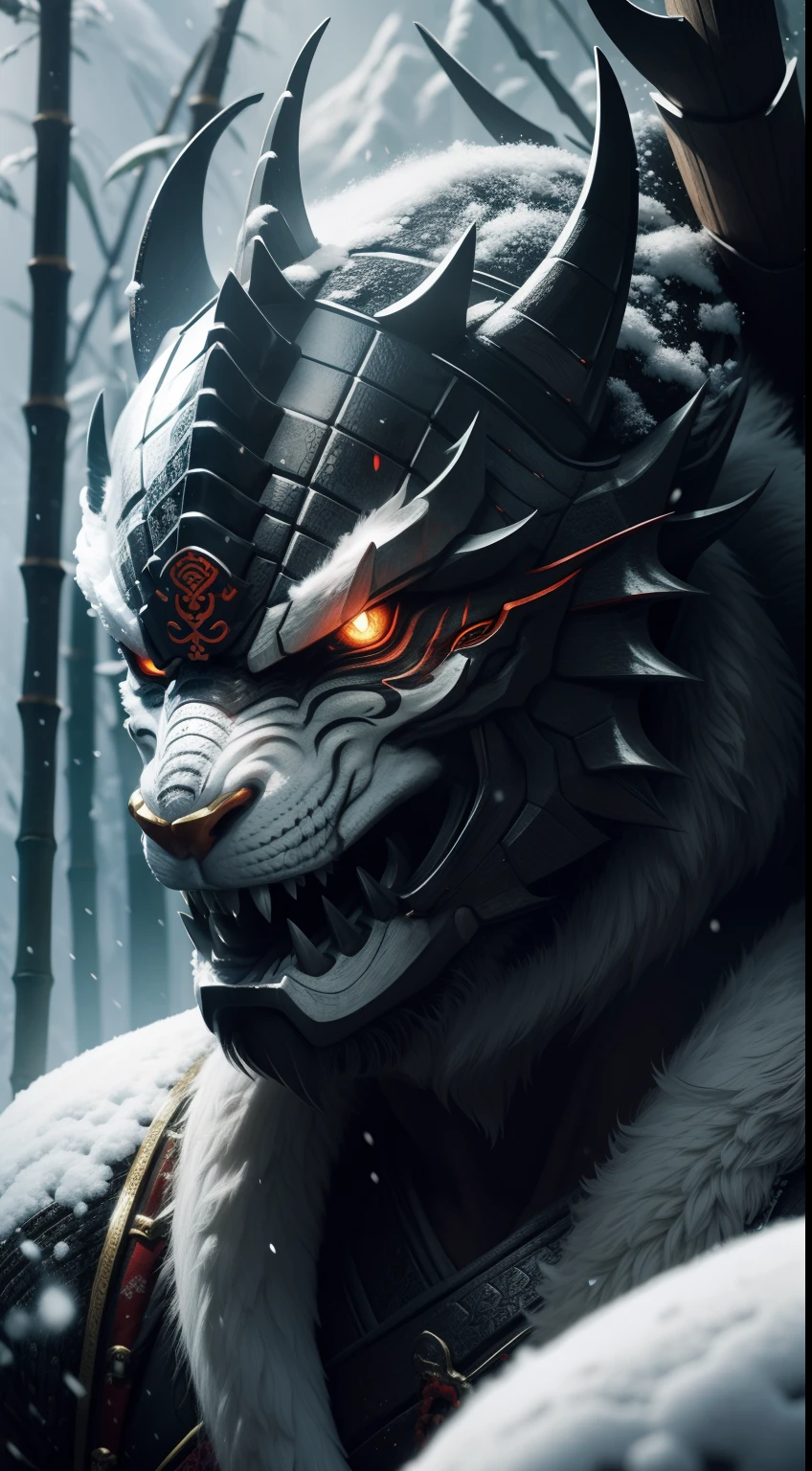 (extremely detailed 8k wallpaper), a medium shot photo of a fearful samurai warrior in full armor and oni mask, fur on shoulders, fog, dark, sinister, intricate, high detail, dramatic --auto --s2
