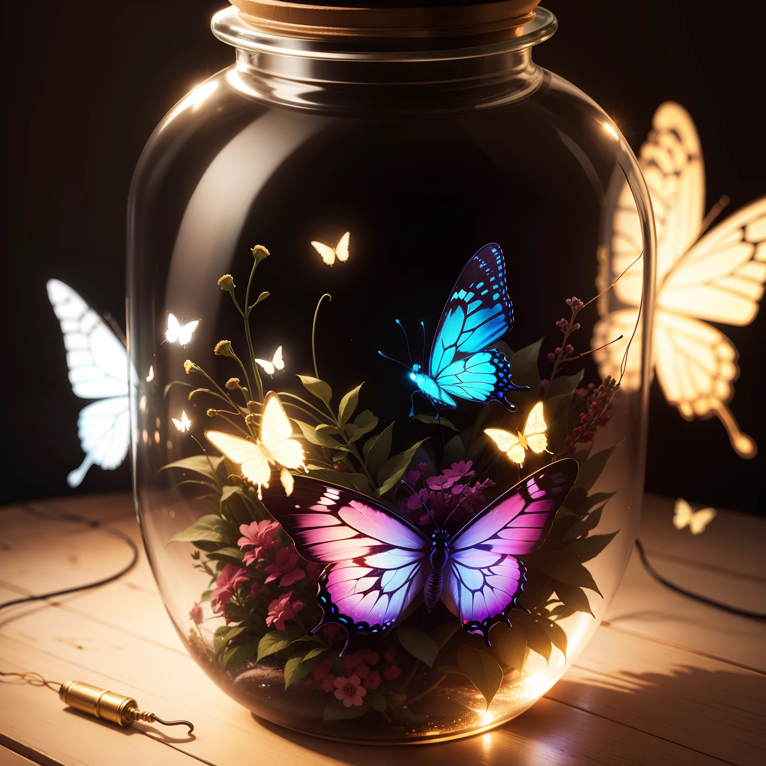 Butterfly in a jar and lights outside of the jar