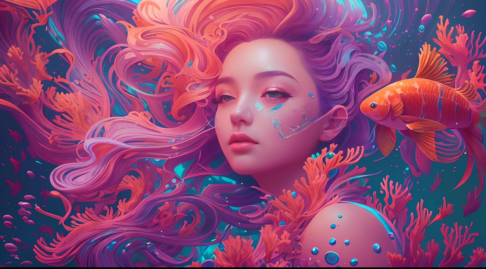 ModelShoot style, (Extremely detailed Cg Unity 8K wallpaper), A chaotic storm of intricate liquid smoke in the head, Stylized abstract portrait of beautiful girl, wetted skin,Koi，Beautiful koi，Flocks of koi,carp，Strange shaped corals，ocean floor，Beautiful coral reef in the background，Rochas,Marine life，colorful coral reef,Decorate with coral reefs,author：Petros Afshar, ross tran, tom whalen, Peter Mohrbacher, Art germ, Broken glass, ((bubbly underwater scenery)) Radiant light octane rendering is highly detailed, inspired by Yanjun Cheng, Beautiful digital artwork, Guviz-style artwork, 8K highly detailed digital art, Beautiful digital illustration, Cute detailed digital art, stunning digital illustration, A beautiful artwork illustration, Exquisite digital illustration,8K detailed digital art,