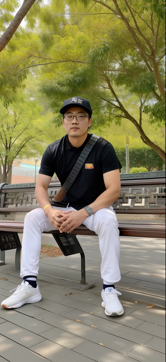 there is a man sitting on a bench with a baseball bat, xintong chen, inspired by Guan Daosheng, dzung phung dinh, korean artist, zeng fanzh, qichao wang, 2 , inspired by Li Shixing, yanjun chengt, wenjun lin, south korean male, christopher cao, 2 8 years old
