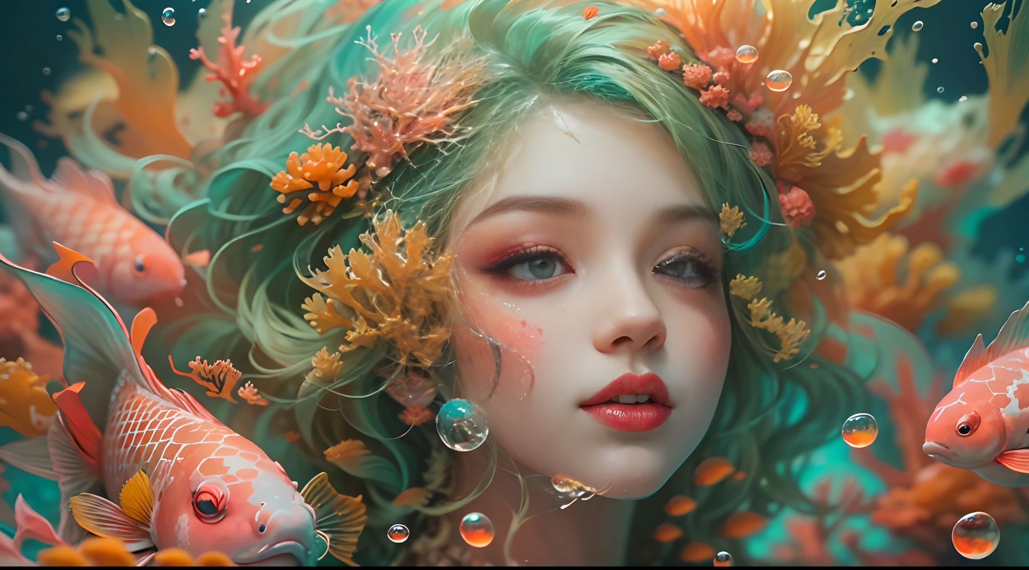 ModelShoot style, (Extremely detailed Cg Unity 8K wallpaper), A chaotic storm of intricate liquid smoke in the head, Stylized abstract portrait of beautiful girl, wetted skin,Koi,Beautiful koi,Flocks of koi,carp,Strange shaped corals,ocean floor,Beautiful coral reef in the background,Rochas,Marine life,colorful coral reef,Decorate with coral reefs,author:Petros Afshar, ross tran, tom whalen, Peter Mohrbacher, Art germ, Broken glass, ((bubbly underwater scenery)) Radiant light octane rendering is highly detailed, inspired by Yanjun Cheng, Beautiful digital artwork, Guviz-style artwork, 8K highly detailed digital art, Beautiful digital illustration, Cute detailed digital art, stunning digital illustration, A beautiful artwork illustration, Exquisite digital illustration,8K detailed digital art,