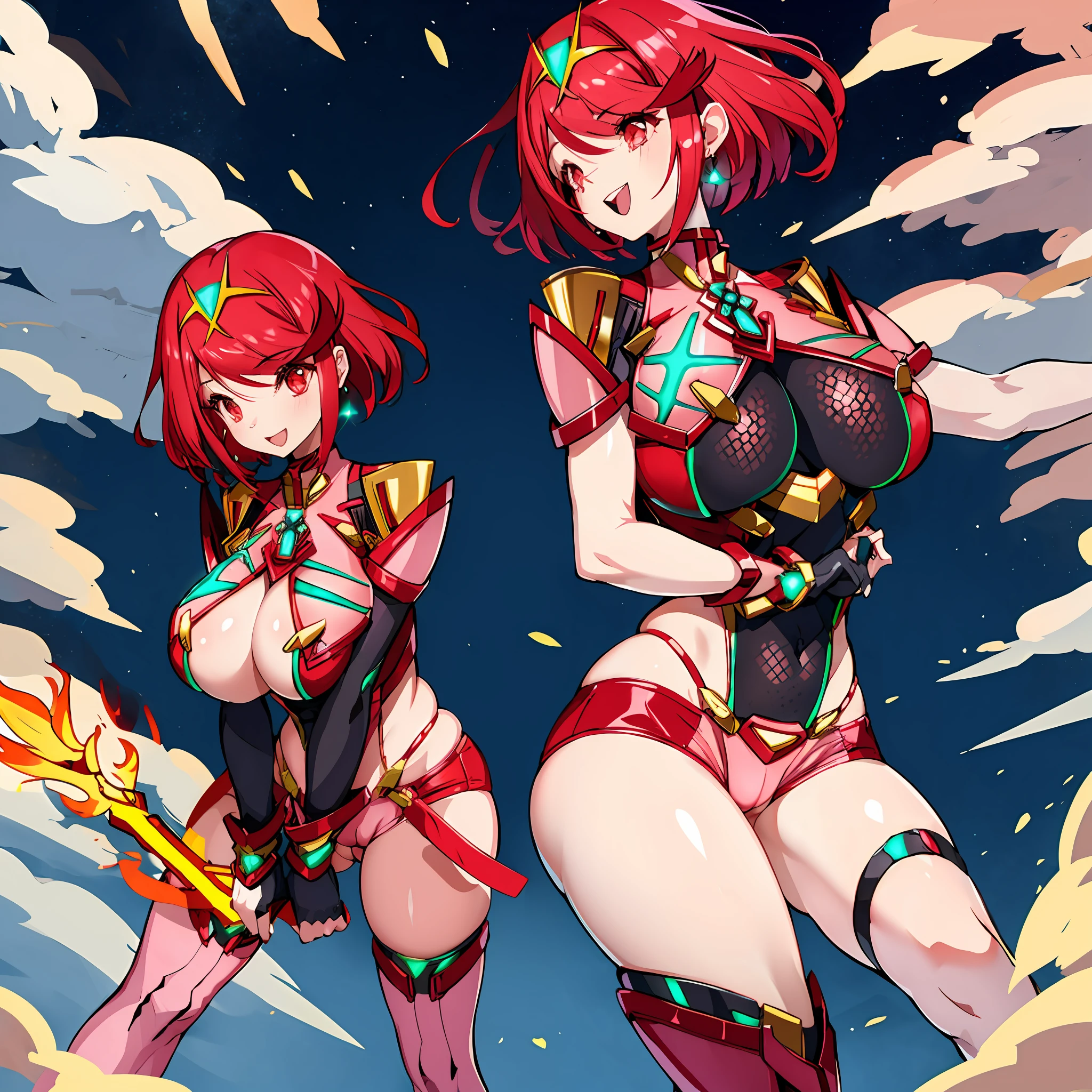 pyra \(xenoblade\), _1girl, lolimor, bangs, black gloves, breasts, red eyes, light_open_mouth, earrings, eyelashes, fingerless gloves, floating hair, framed breasts, gem, gloves, hair ornament, headpiece, jewelry, big_breasts, leaning back, leotard, neon trim, official art, pose, red hair, red shorts, saitou masatsugu, short hair, short shorts, short sleeves, shorts, sidelocks, skin tight, solo, standing, swept bangs, thighhighs, tiara, night_prairie_background, turtleneck, underbust, vambraces, xenoblade chronicles \(series\), (xenoblade chronicles 2), (spread_legs:1.1), fire_effect,dynamic_pose,fighting,light_smile, (plump:1.4), big_ass,huge_sword, hold_large_sword_hilt, scovered_nipples, (covered_pussy:1.2),cameltoe,back_view, fists,ponytail,plump,beautiful_fingers,solo,