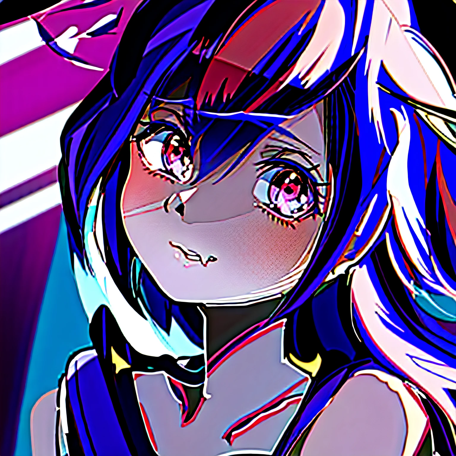 What is the anime girl with purple hair and red eyes looking at, flat anime style shading, Anime Stylization, Anime style portrait, Some red and purple, semirealistic anime style, in an anime style, style of anime, anime art style, anime style character, In anime style, anime shading), made in paint tool sai2, colored sketch anime manga panel