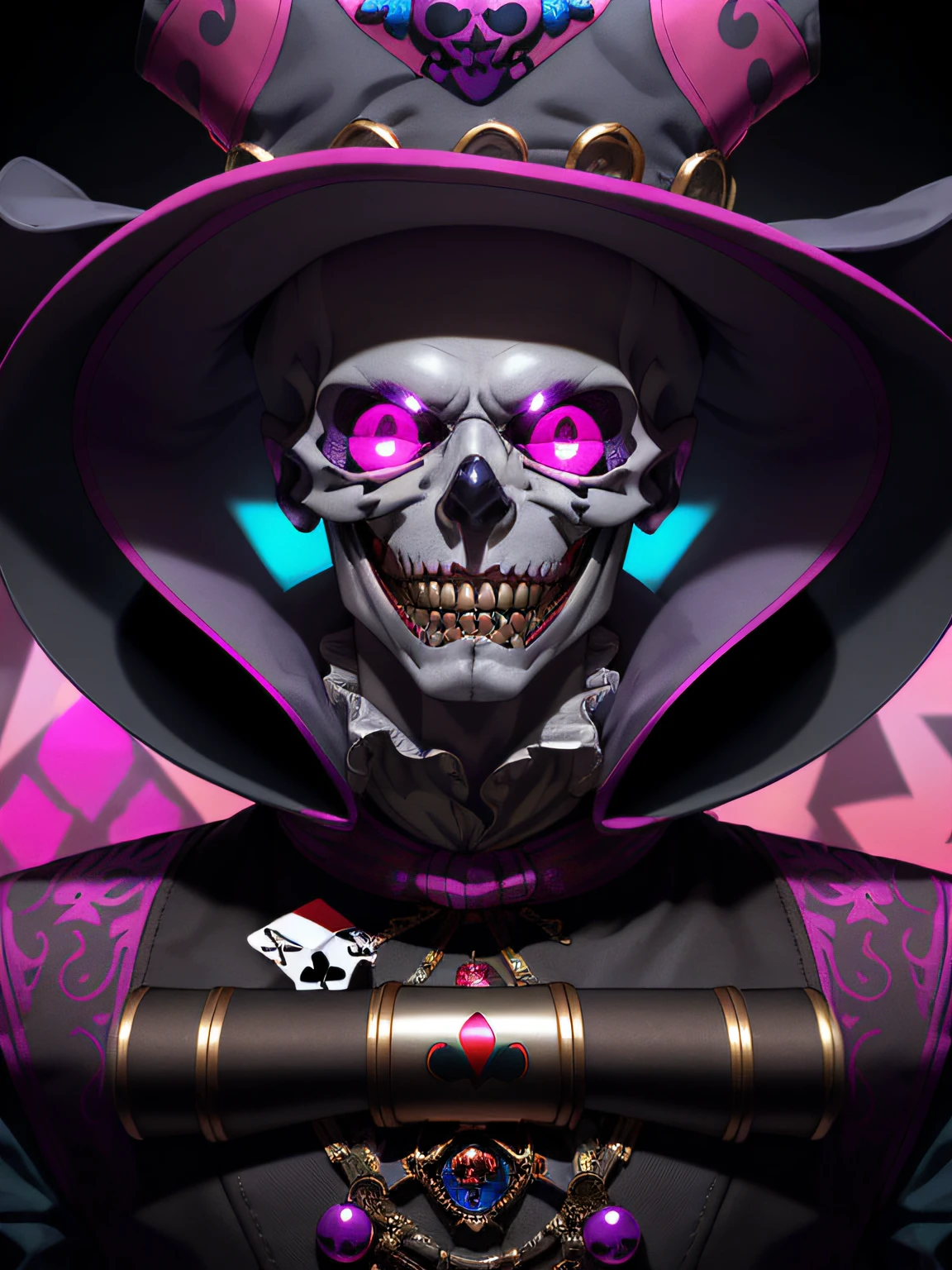 Logo, Full Head & Jester Hat Skull, Male, Jester Hat, Skullhead Jester Hat,trickster,saturated Transparent Platinum Gray Pink,striking gaze,smirk,top hat,gambling,show stage,close-up,diabolic,masterpiece,8k,highest quality,intricate,Clockpunk,playing cards,Beautiful details, clear fingers, Beautiful details, clear fingers, (Male: 1.3, Gold Teeth: 1.2, Robot: 0.9, Jester, Joker), (smile, purple shades), (looks at the viewer, casino décor in the background: 0.8, purple atmosphere: 0.8)