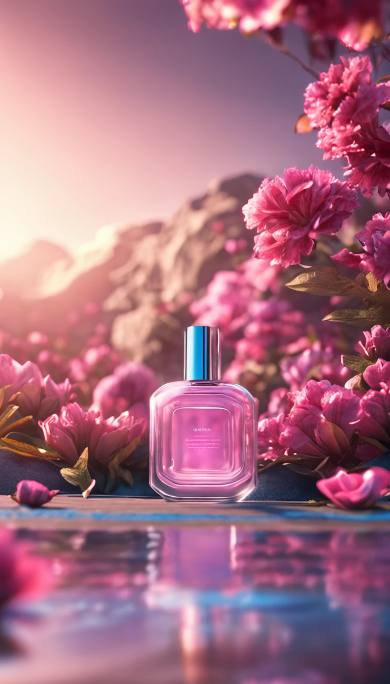 Super realistic scene, makeup bottle, surrounded by pink flowers wrapped around, blue sky background, water, sunlight, low perspective, blender, product rendering, HD 8K。 --v6