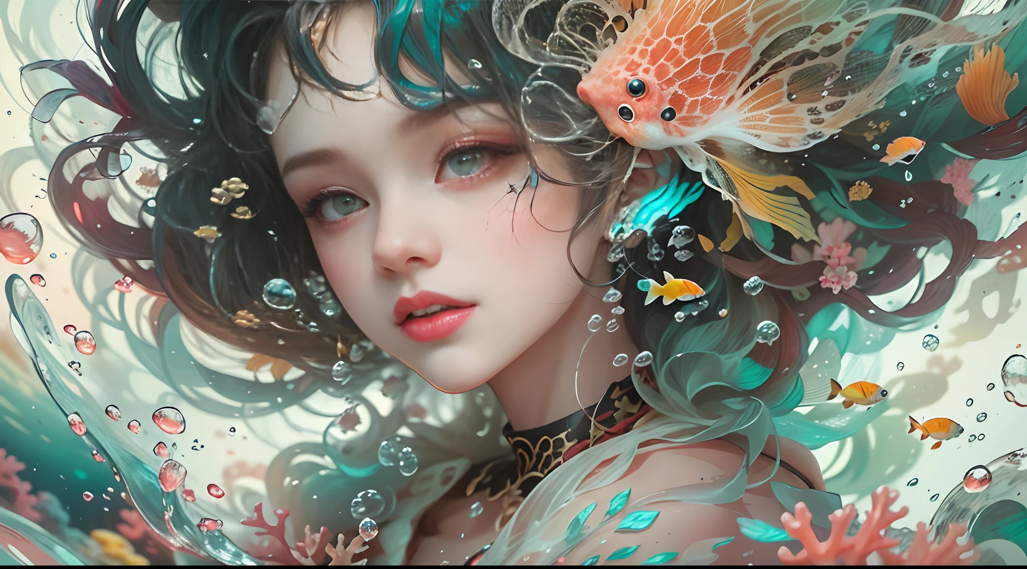 ModelShoot style, (Extremely detailed Cg Unity 8K wallpaper), A chaotic storm of intricate liquid smoke in the head, Stylized abstract portrait of beautiful girl, wetted skin,Koi，Beautiful koi，Flocks of koi,carp，Strange shaped corals，ocean floor，Beautiful coral reef in the background，Rochas,Marine life，colorful coral reef,Decorate with coral reefs,author：Petros Afshar, ross tran, tom whalen, Peter Mohrbacher, Art germ, Broken glass, ((bubbly underwater scenery)) Radiant light octane rendering is highly detailed, inspired by Yanjun Cheng, Beautiful digital artwork, Guviz-style artwork, 8K highly detailed digital art, Beautiful digital illustration, Cute detailed digital art, stunning digital illustration, A beautiful artwork illustration, Exquisite digital illustration,8K detailed digital art,
