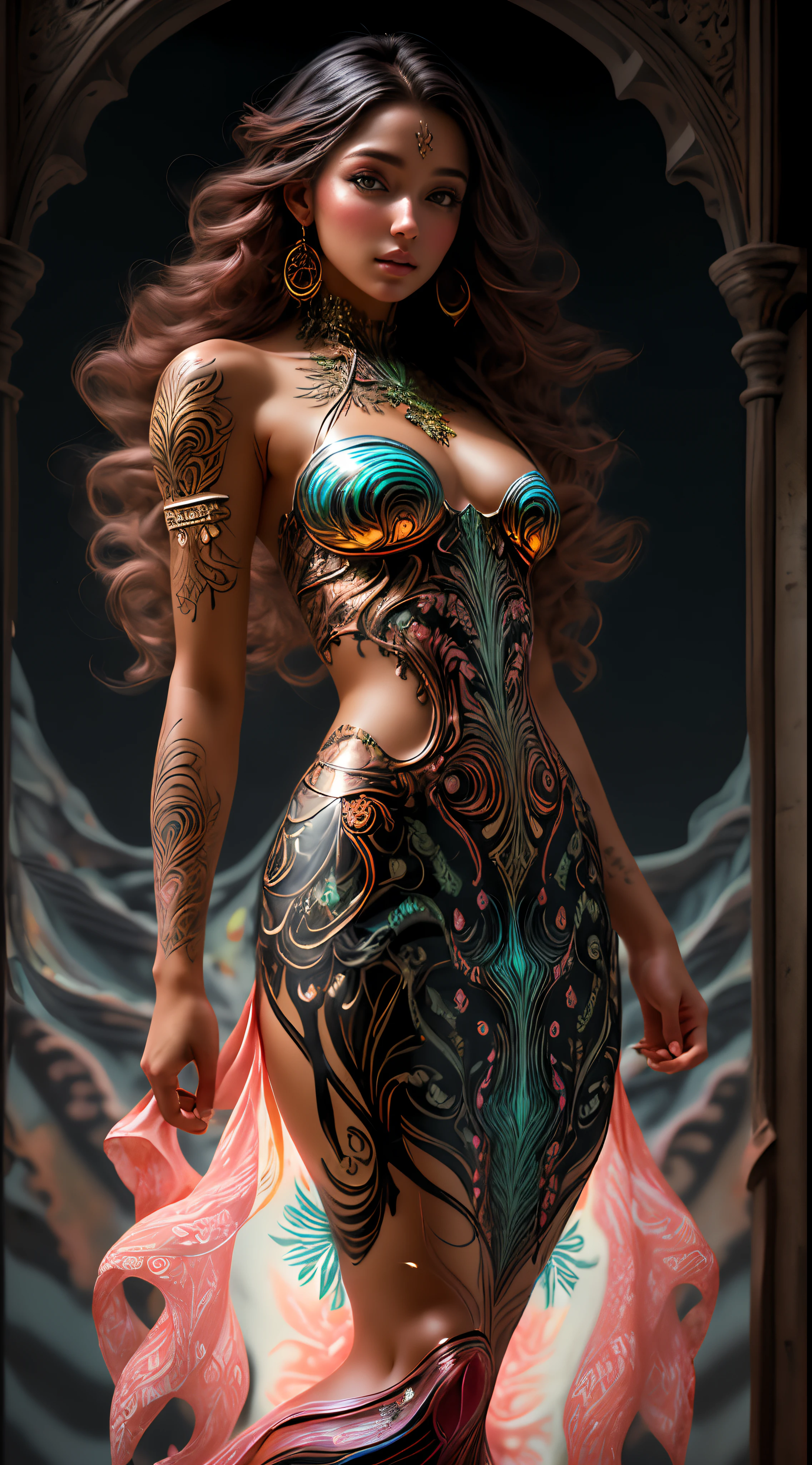 master part, insanely detailed full-body erotic illustration, absurdos, modelo bonito, rosto perfeito, olhos perfeitos, cabelos multicoloridos, acid travel background, pose sedutora,