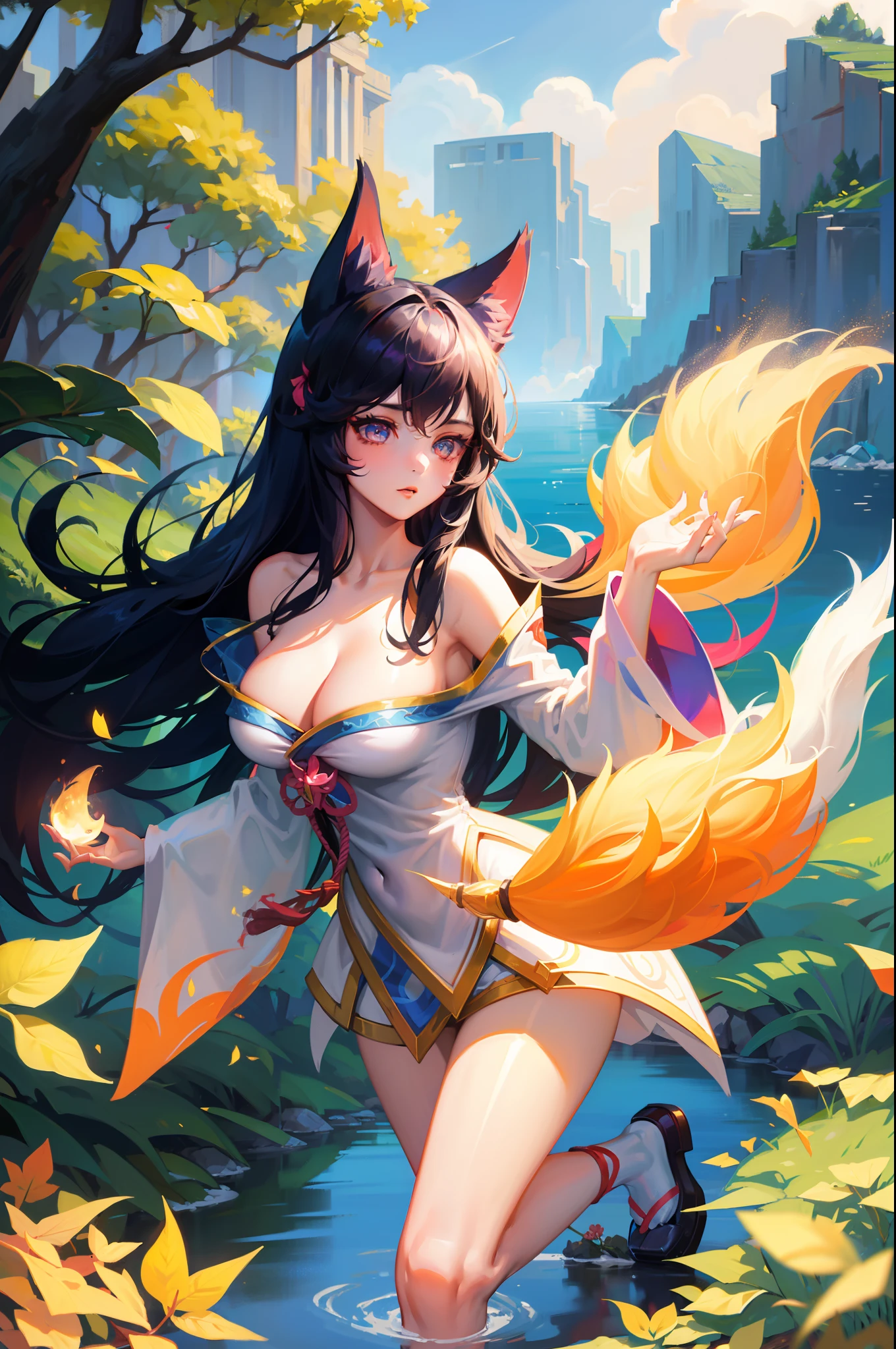 ahri, 1girl, absurdres, ahri_\(league_of_legends\), animal_ears, bare_shoulders, black_hair, breasts, cleavage, closed_mouth, dress, forest, fox_ears, fox_girl, fox_tail, highres, japanese_clothes, large_breasts, leaf, league_of_legends, lips, long_hair, looking_at_viewer, nature, off-shoulder_dress, off_shoulder, outdoors, red_dress, sketch, solo, tail, unfinished, yellow_eyes