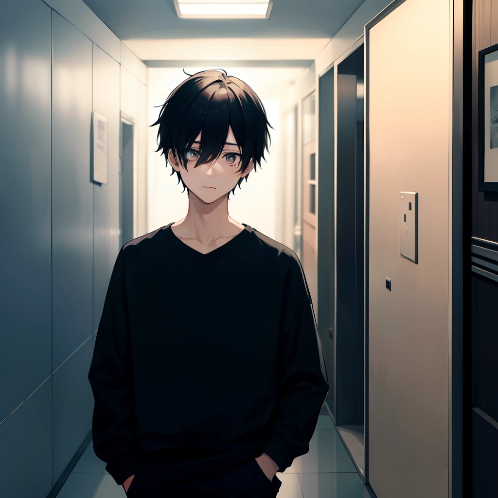 1boy ，Black hair，黑The eye，In front of the rental house，hallways，Dimly lit，Anxious，Knock