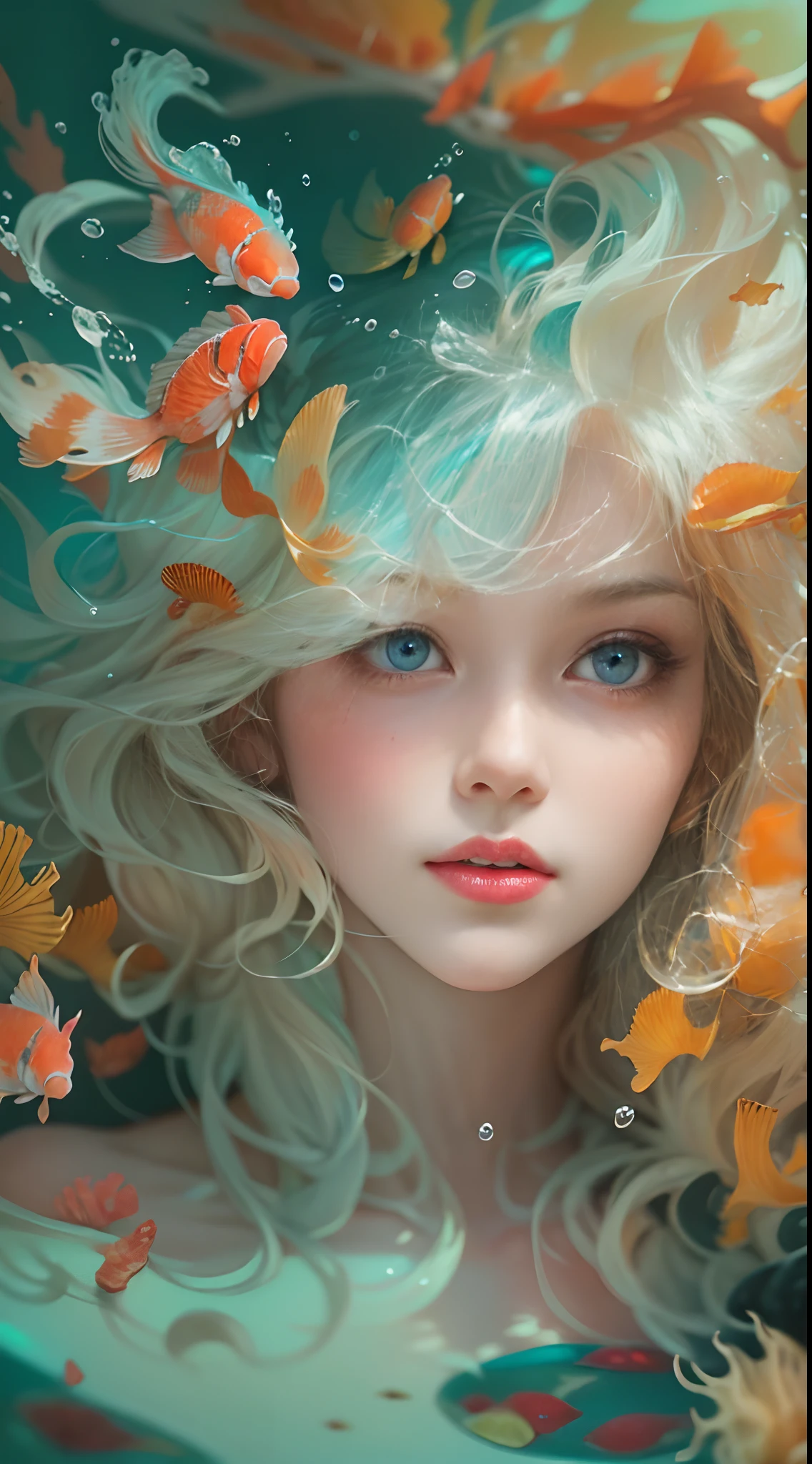 ModelShoot style, (Extremely detailed Cg Unity 8K wallpaper), A chaotic storm of intricate liquid smoke in the head, Stylized abstract portrait of beautiful girl, wetted skin,Koi，Beautiful koi，Flocks of koi,carp，Strange shaped corals，ocean floor，Beautiful coral reef in the background，Rochas,Marine life，colorful coral reef,Decorate with coral reefs,author：Petros Afshar, ross tran, tom whalen, Peter Mohrbacher, Art germ, Broken glass, ((bubbly underwater scenery)) Radiant light octane rendering is highly detailed, inspired by Yanjun Cheng, Beautiful digital artwork, Guviz-style artwork, 8K highly detailed digital art, Beautiful digital illustration, Cute detailed digital art, stunning digital illustration, A beautiful artwork illustration, Exquisite digital illustration,8K detailed digital art,