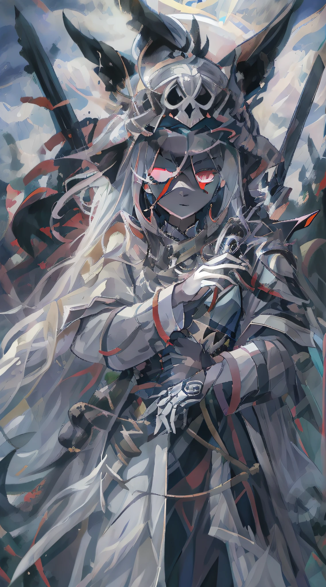 (Masterpiece, Best quality, illustration)), chaos theme, horror theme, A girl, covering eyes, Mask, skull, head gear, skeletal armor, skeleton print, Armored dress, floating capelet, jacket removed, Solo, Many planted_sword, 废墟, Cloudy sky, nevando, Dark lighting