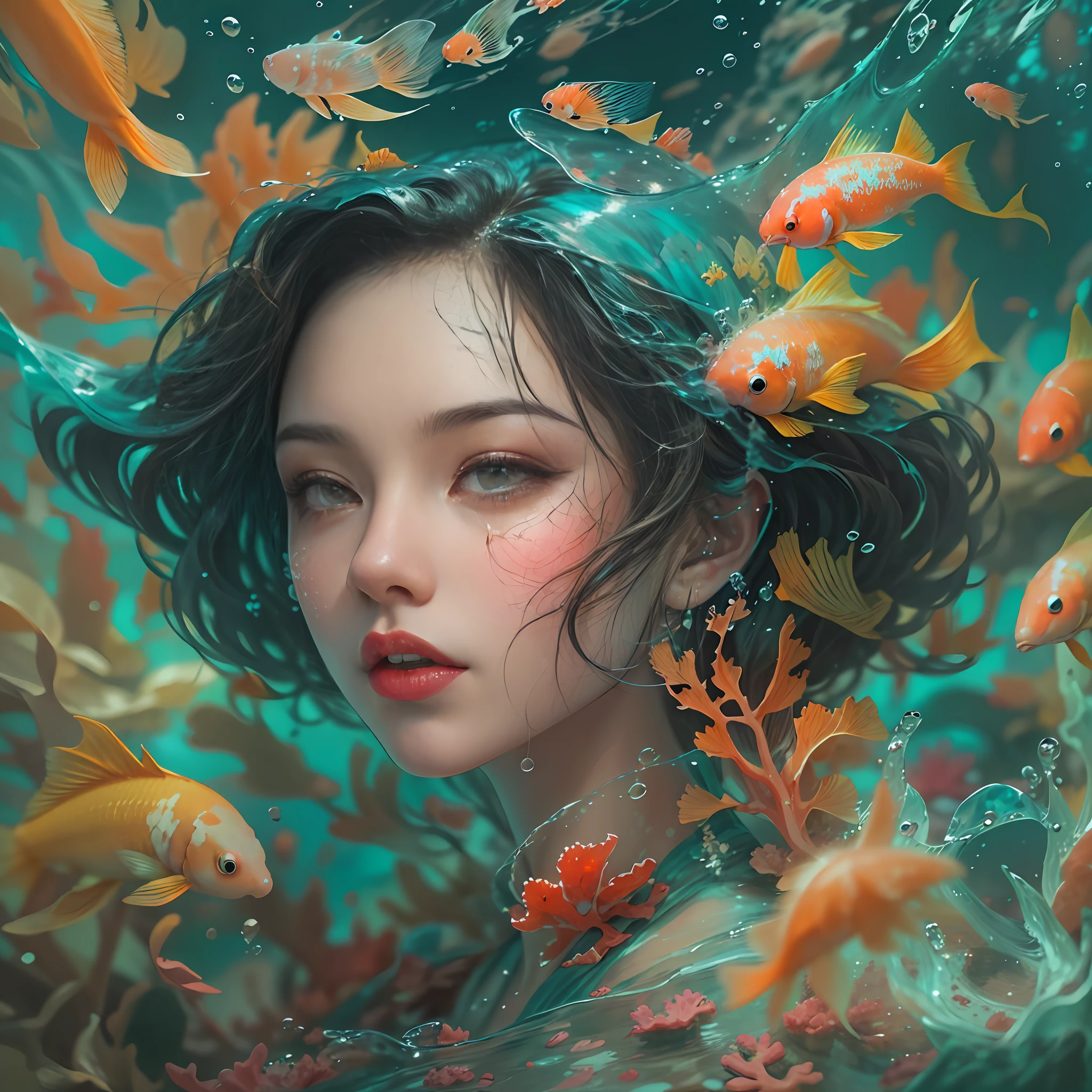 ModelShoot style, (Extremely detailed Cg Unity 8K wallpaper), A chaotic storm of intricate liquid smoke in the head, Stylized abstract portrait of beautiful girl, wetted skin,Koi，Beautiful koi，Flocks of koi,carp，Strange shaped corals，ocean floor，Beautiful coral reef in the background，Rochas,Marine life，colorful coral reef,Decorate with coral reefs,author：Petros Afshar, ross tran, tom whalen, Peter Mohrbacher, Art germ, Broken glass, ((bubbly underwater scenery)) Radiant light octane rendering is highly detailed, inspired by Yanjun Cheng, Beautiful digital artwork, Guviz-style artwork, 8K highly detailed digital art, Beautiful digital illustration, Cute detailed digital art, stunning digital illustration, A beautiful artwork illustration, Exquisite digital illustration,8K detailed digital art,