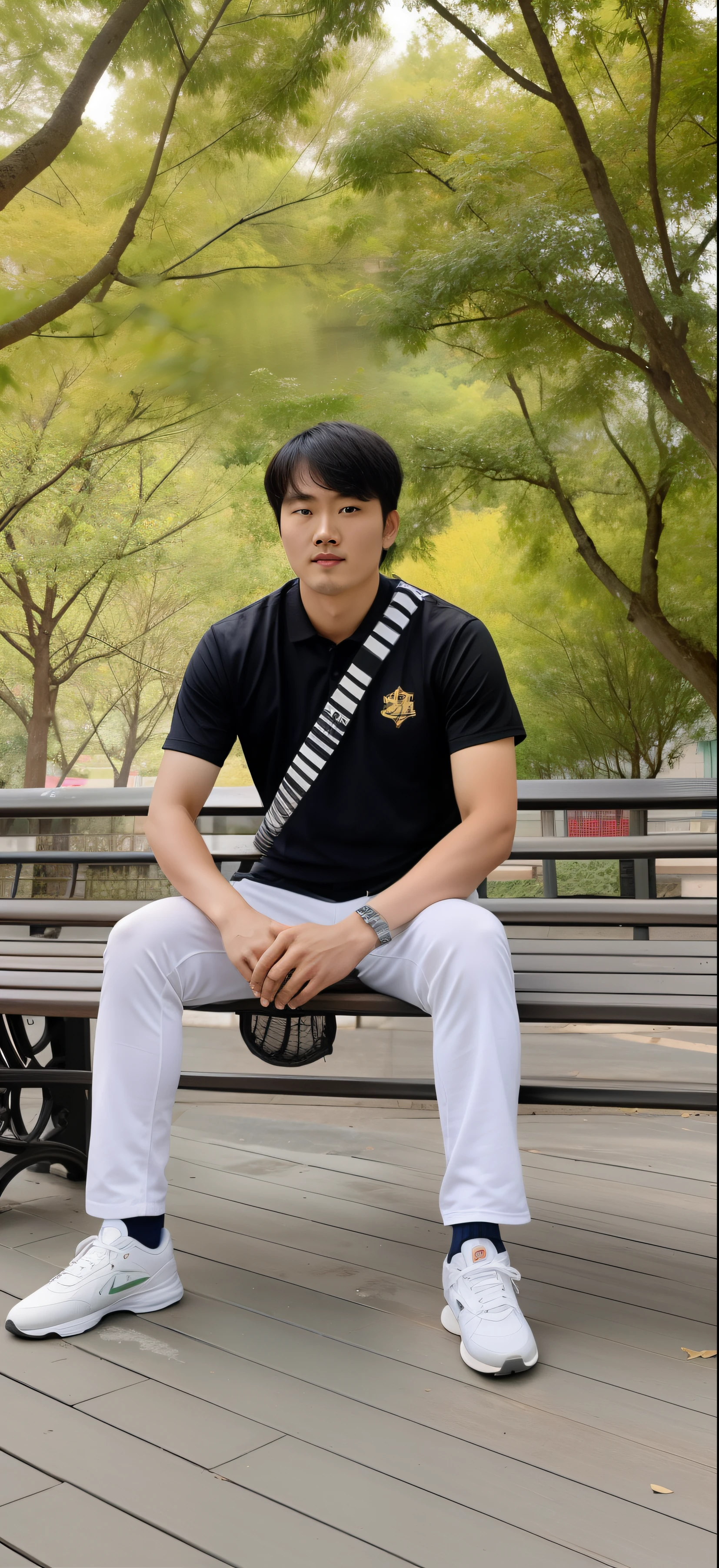 there is a man sitting on a bench with a baseball bat, xintong chen, inspired by Guan Daosheng, dzung phung dinh, korean artist, zeng fanzh, qichao wang, 2 , inspired by Li Shixing, yanjun chengt, wenjun lin, south korean male, christopher cao, 2 8 years old