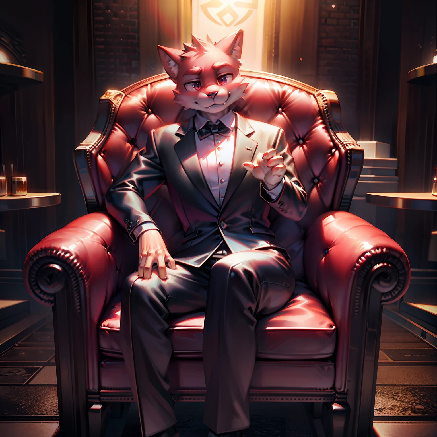 Godfather mafia cat sitting in leather armchair, 3D video rendering, pixar character