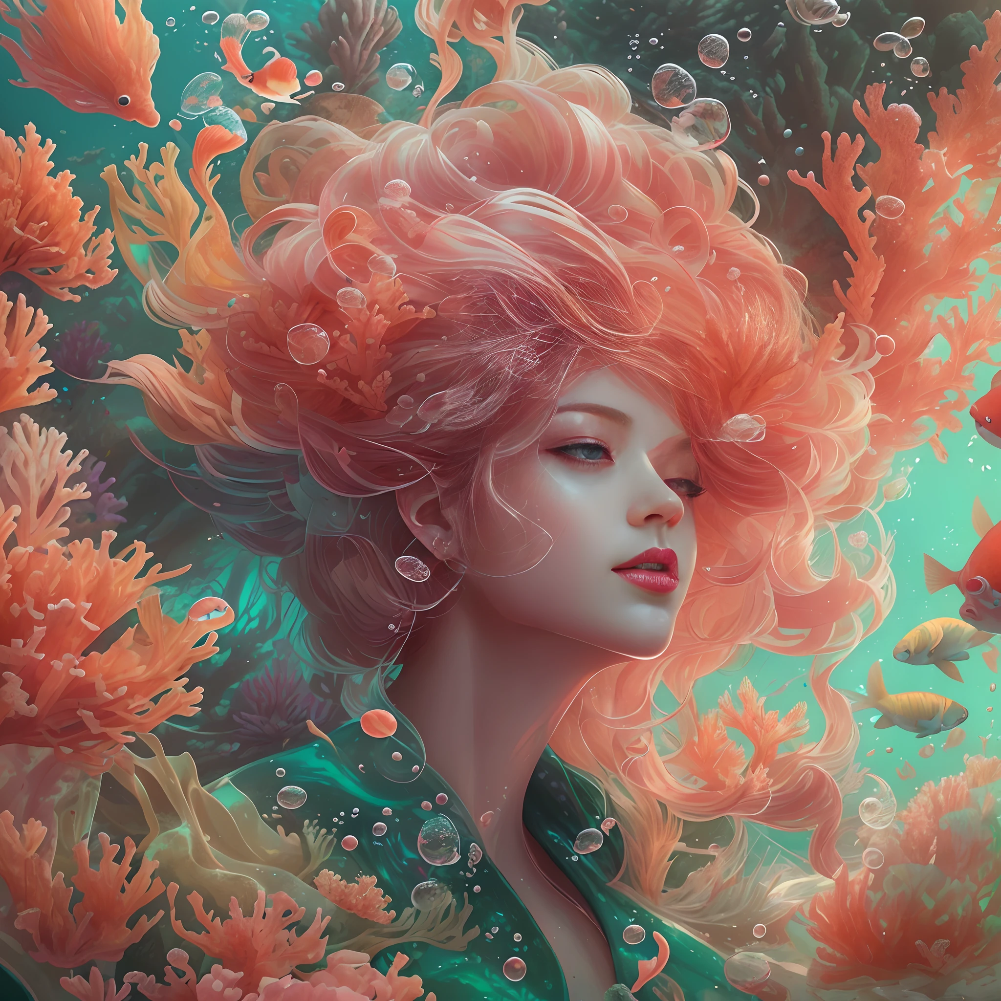 ModelShoot style, (Extremely detailed Cg Unity 8K wallpaper), A chaotic storm of intricate liquid smoke in the head, Stylized abstract portrait of beautiful girl, wetted skin,Koi，Beautiful koi，Flocks of koi,carp，Strange shaped corals，ocean floor，Beautiful coral reef in the background，Rochas,Marine life，colorful coral reef,Decorate with coral reefs,author：Petros Afshar, ross tran, tom whalen, Peter Mohrbacher, Art germ, Broken glass, ((bubbly underwater scenery)) Radiant light octane rendering is highly detailed, inspired by Yanjun Cheng, Beautiful digital artwork, Guviz-style artwork, 8K highly detailed digital art, Beautiful digital illustration, Cute detailed digital art, stunning digital illustration, A beautiful artwork illustration, Exquisite digital illustration,8K detailed digital art,