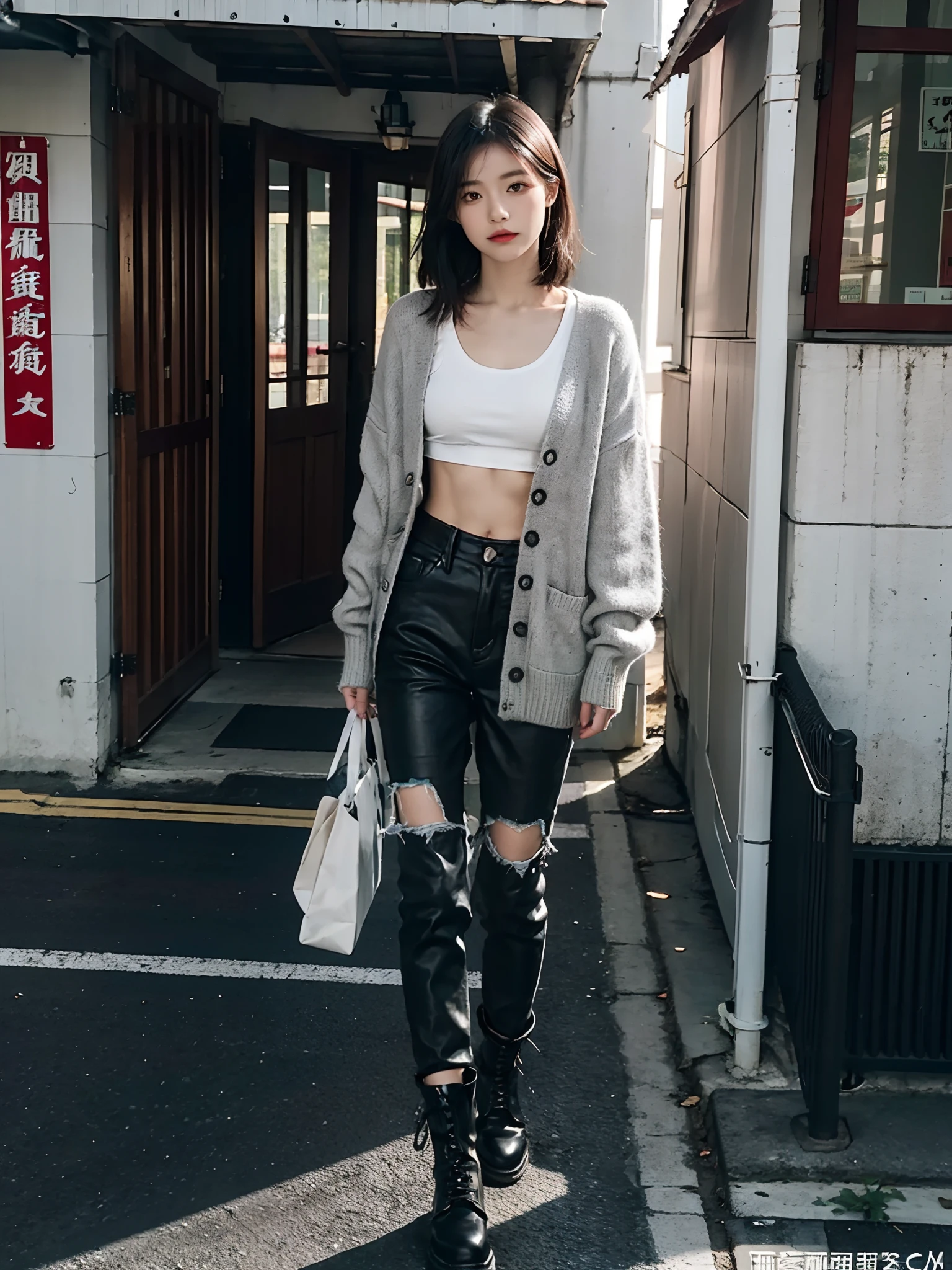 ((smallunderboob,Tomboyish,small heads)), (Well-defined abs: 1.1), (perfect bodies: 1.1), (short-length straighthair: 1.2), Black hair, upper body photos, attractive collarbone，nabel，（极其细致的CG 8k壁纸），（Extremely refined and beautiful），（tmasterpiece），（best qualtiy：1.0），（超A high resolution：1.0），beautiful light up，Perfect lightning，realistic shaded，[A high resolution]，Smooth and flawless fair skin，ultra - detailed ，Light gray thin cardigan，Gilet blanc，Very tattered black beggar pants，There are a lot of particularly large holes in the pants，black military boots，Elongated legs，flatchest，Slim，emaciated，at the doorstep of a school，on the roadside，A sea of people，are standing，Dusk light，summertime，Cup of coffee in hand