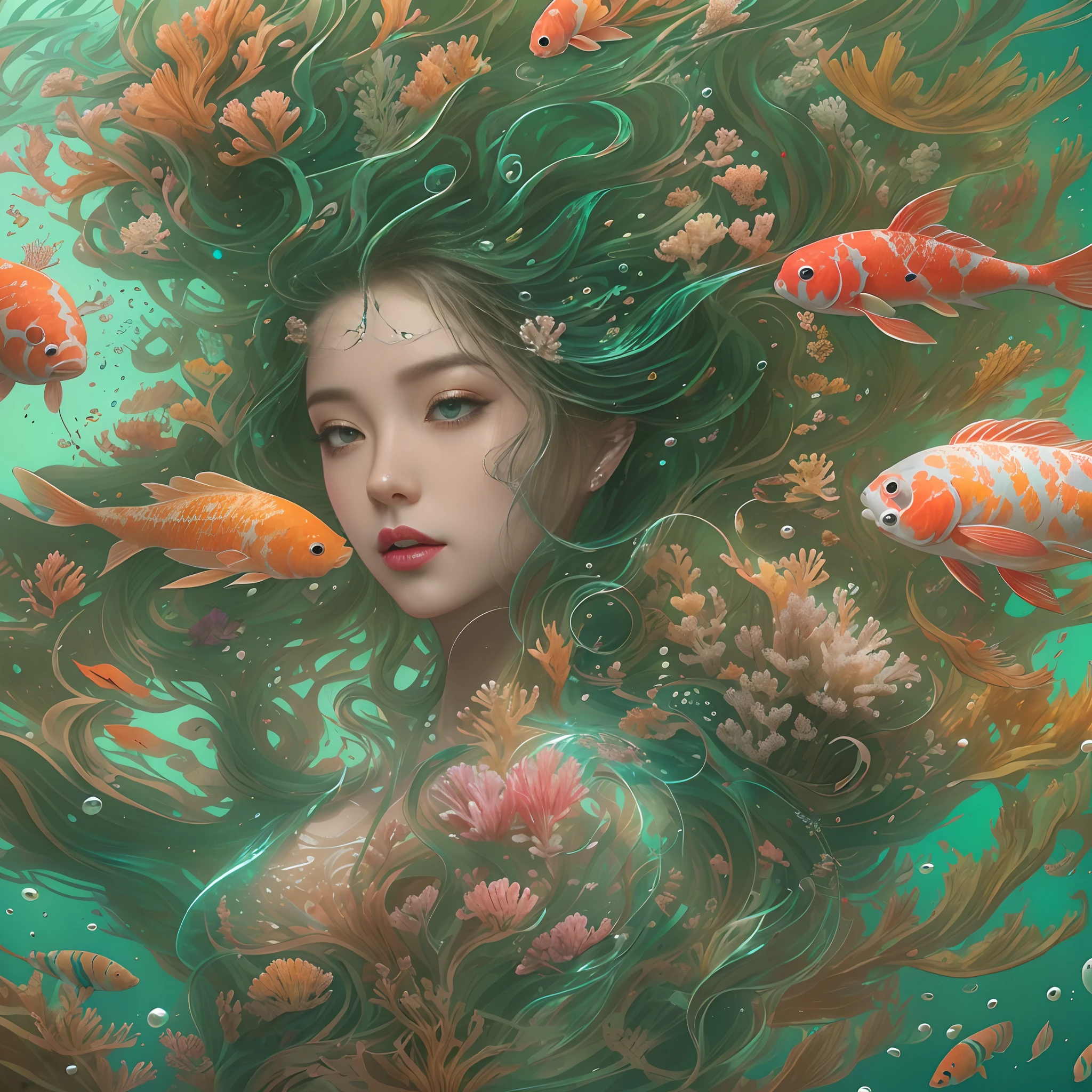 ModelShoot style, (Extremely detailed Cg Unity 8K wallpaper), A chaotic storm of intricate liquid smoke in the head, Stylized abstract portrait of beautiful girl, wetted skin,Koi，Beautiful koi，Flocks of koi,carp，Strange shaped corals，ocean floor，Beautiful coral reef in the background，Rochas,Marine life，colorful coral reef,Decorate with coral reefs,author：Petros Afshar, ross tran, tom whalen, Peter Mohrbacher, Art germ, Broken glass, ((bubbly underwater scenery)) Radiant light octane rendering is highly detailed, inspired by Yanjun Cheng, Beautiful digital artwork, Guviz-style artwork, 8K highly detailed digital art, Beautiful digital illustration, Cute detailed digital art, stunning digital illustration, A beautiful artwork illustration, Exquisite digital illustration,8K detailed digital art,