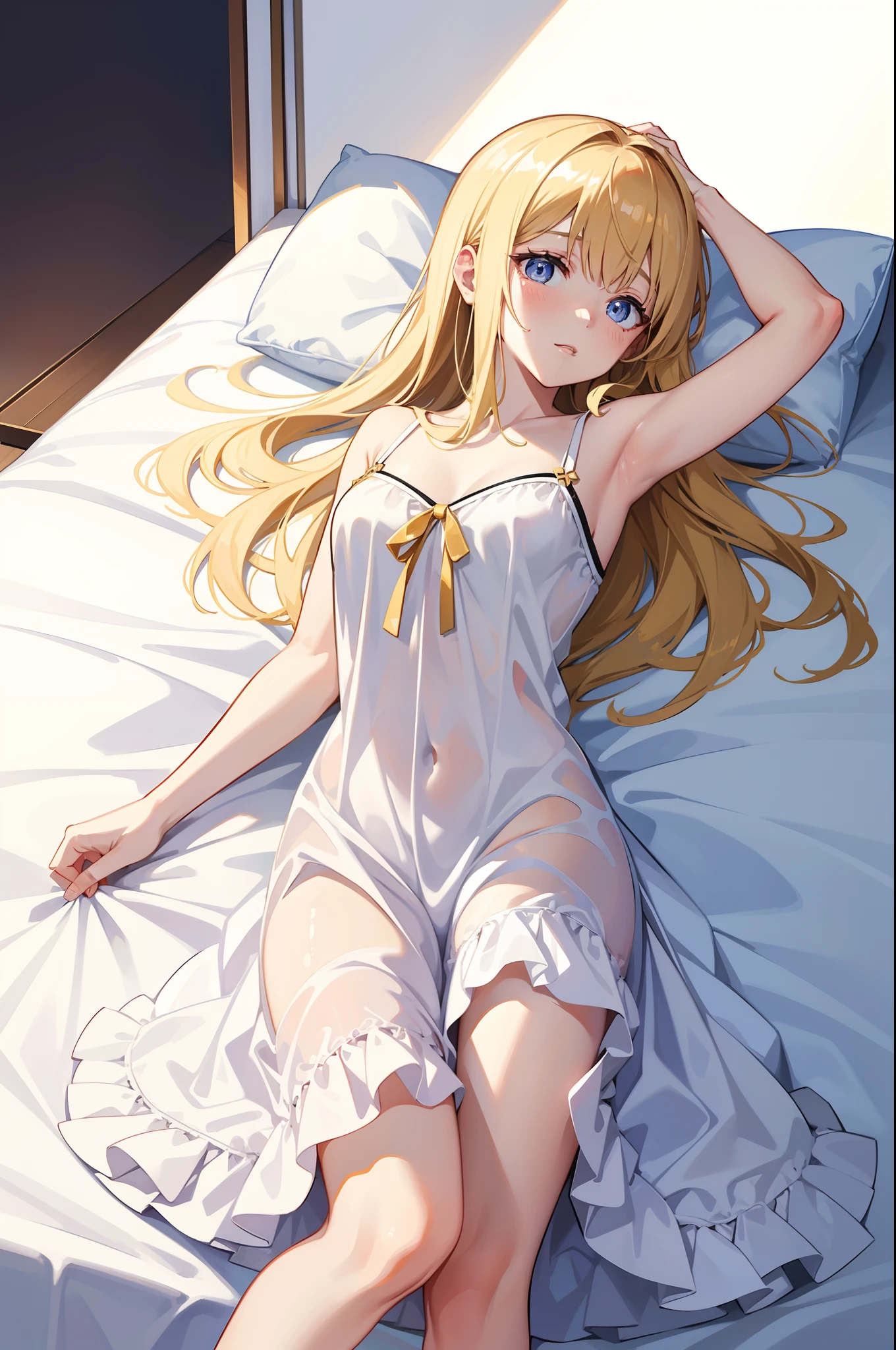 female nobel idol, thin white sleepwear dresses outfit, lying on the bed, best quality anime 16k wallpaper, masterpieces, sexy aura, blonde, bedroom background, perfect body shape, golden pupil, ribbon on hair