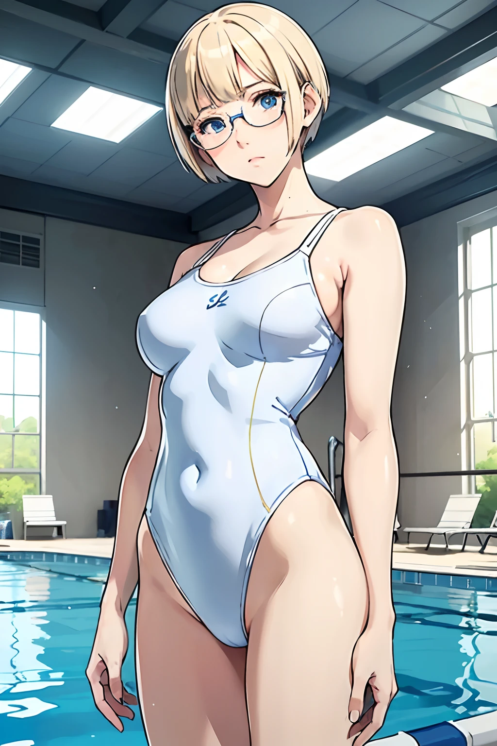 School swimsuit, white and blue swimsuit, one-piece swimsuit, adult, 22 years, blond hair, short hair, chignon hair cut, round glasses, blue eyes, beautiful eyes, small to mid-sized breast, neutral expression, uninterested look, tall girl, masterpiece, indoor pool background, school,