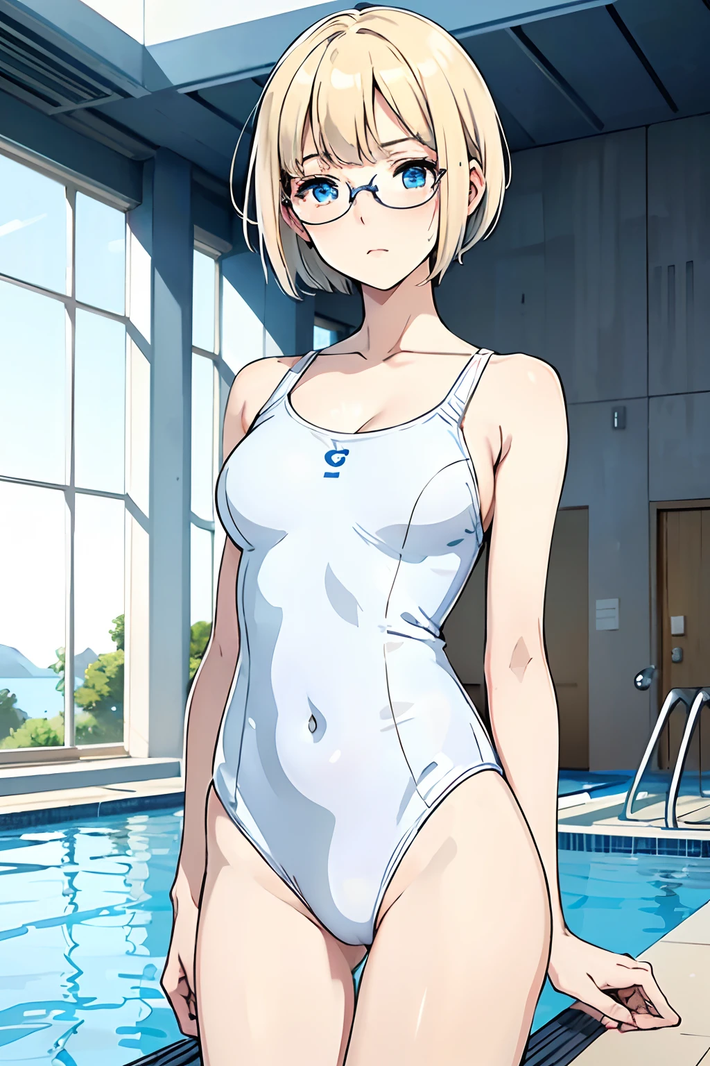 School swimsuit, white and blue swimsuit, one-piece swimsuit, adult, 22 years, blond hair, short hair, chignon hair cut, round glasses, blue eyes, beautiful eyes, small to mid-sized breast, neutral expression, uninterested look, tall girl, masterpiece, indoor pool background, school,