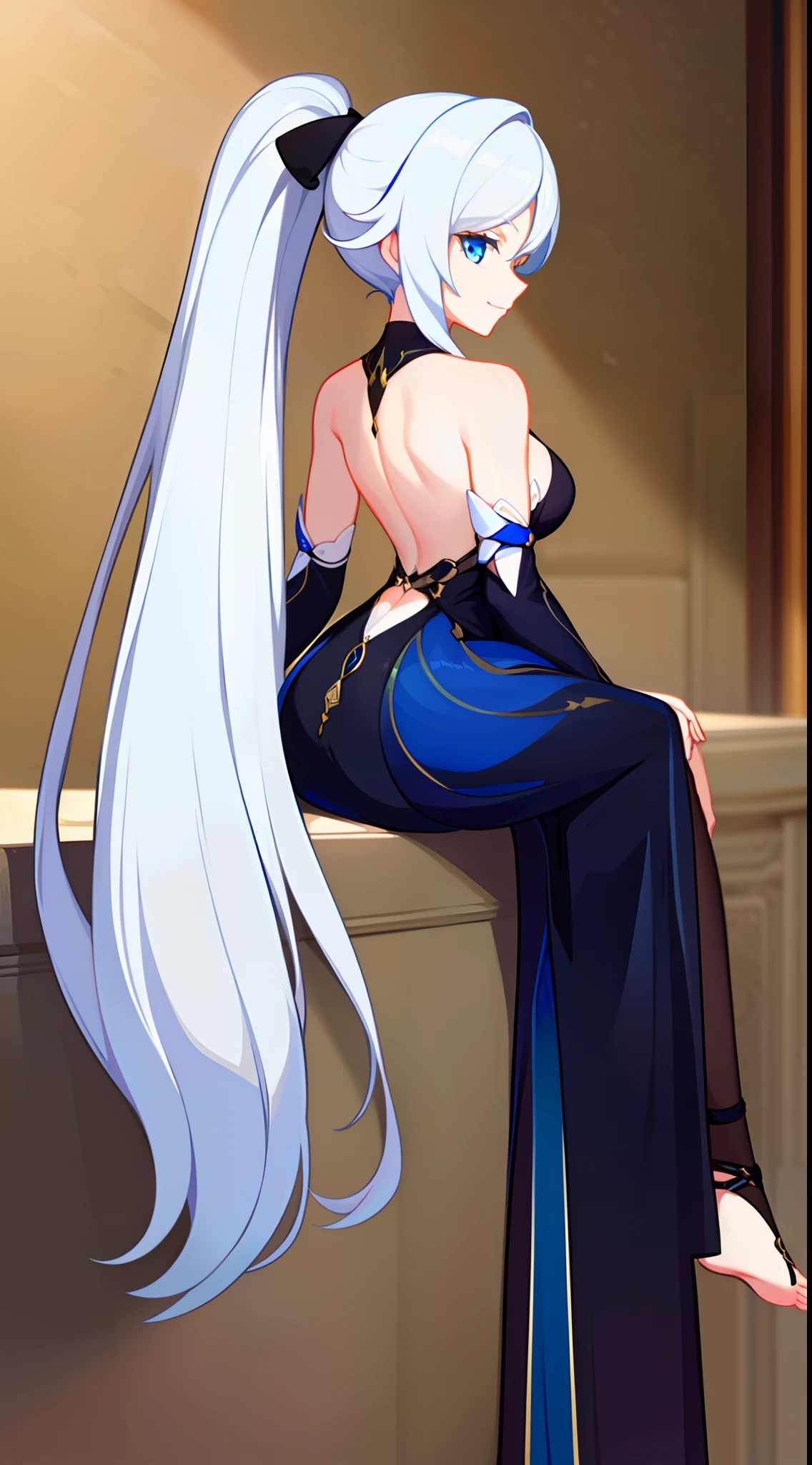 young girl, Long white hair with blue strands, blue eyes, high ponytail, Black blue dress, Gold Elements, bare back, Sits, foot on foot, ssmile, Masterpiece, hiquality