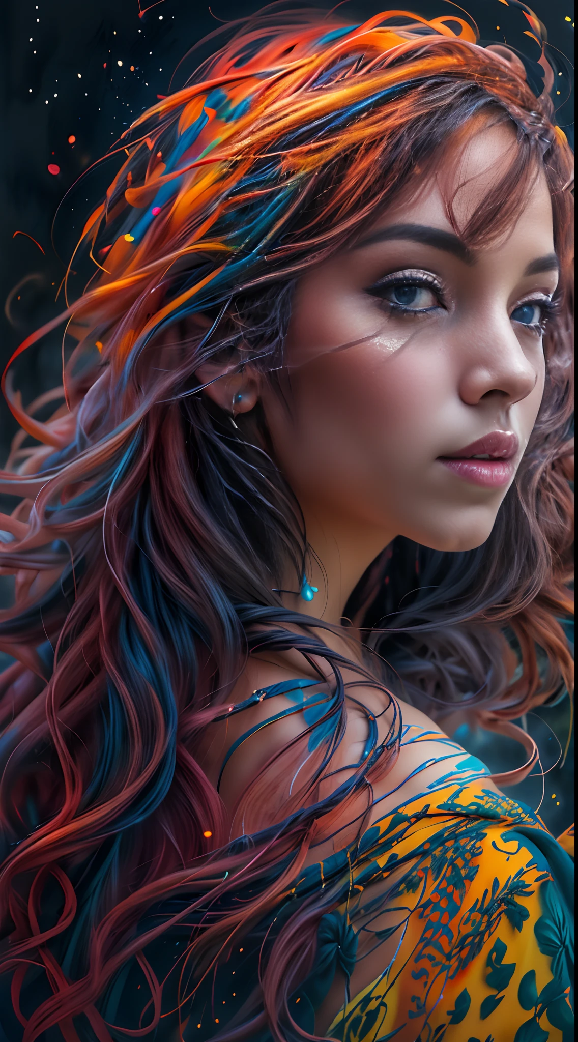bonita e colorida: Giru de 28 anos, hair messy, oil-painting, Rosto perfeito bonito com pele lisa rosto perfeito, cores verdes, Azul, Additions of light purple and violet, Additions in light red, Detalhes intrincados, Tela de boas-vindas, 8 k resolution, obra prima, cara linda, ArtStation Tinta Digital Fluxo de Tinta Muito Suave: 8K resolution photorealistic masterpiece: Pintura de guache fluido intrincadamente detalhada: por Jean Baptiste Mongue: caligrafia: acrylic: Arte em aquarela, Fotografia Profissional, natural lightting, Volumetric lighting maximalist photoillustration: Por Marton Bobzert:, complexo, elegante, expansivo, genial, cabelos ondulados, Vibrando, Detalhes de melhor qualidade, realista, Hi-Def, Textura de alta qualidade, Epic lighting, cinematic movie still, 8k, soft-lighting, Estilo anime, Vantagem magistral das cartas, Random Colored Art, oil-painting, Cores azul amarelo, light purple and violet additions, Additions in light red, Detalhes intrincados, Tela de boas-vindas, 8K resolution, obra prima, artstation pintura digital Fluxo de tinta muito suave: 8K resolution photorealistic masterpiece: Pintura de guache fluido intrincadamente detalhada: por Jean Baptiste Mongue: caligrafia: acrylic: Arte em aquarela, Fotografia Profissional, natural lightting, Volumetric lighting maximalist photoillustration: Por Marton Bobzert:, complexo, elegante, expansivo, genial, Vibrando
