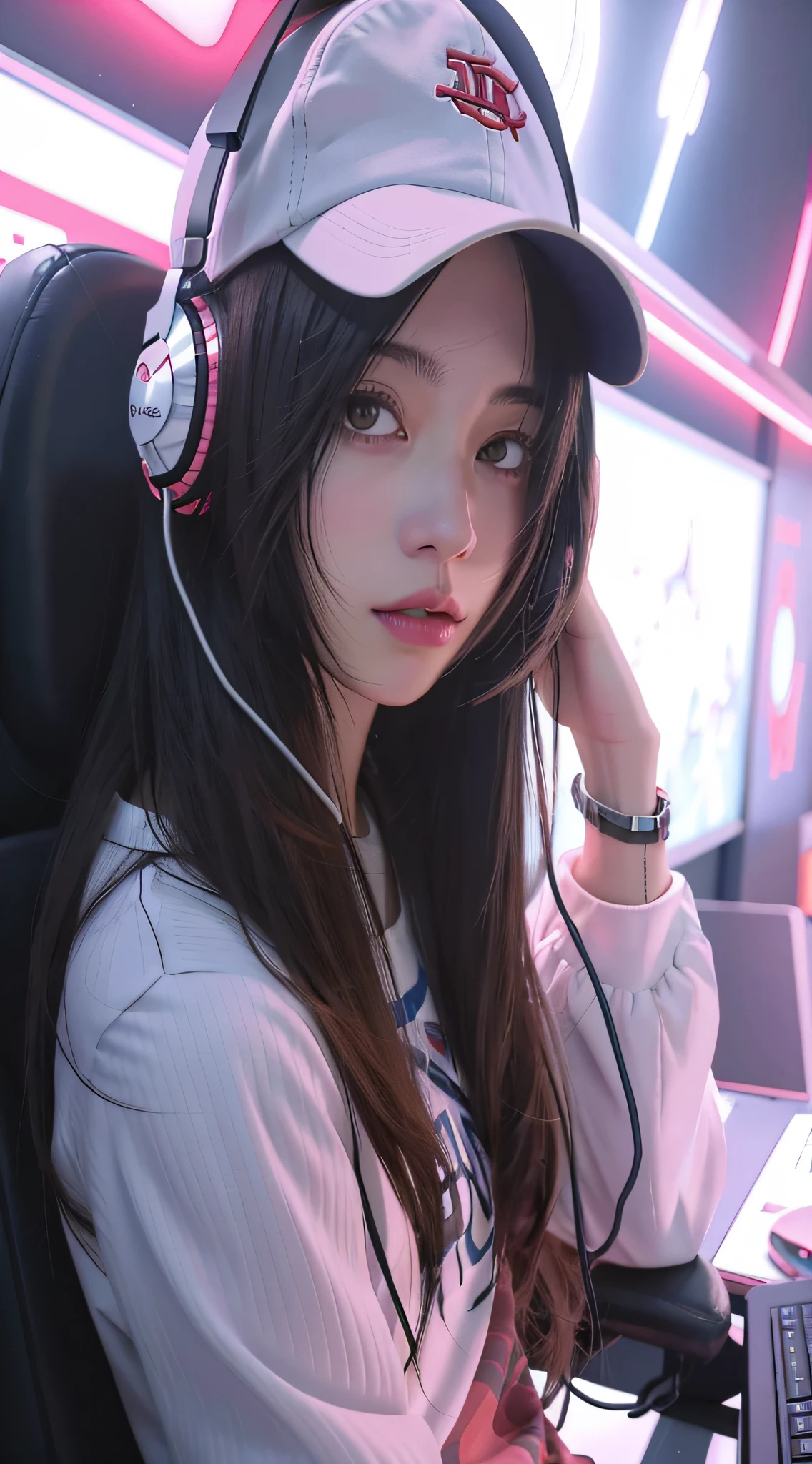 Anime girl sitting in front of laptop wearing headphones and baseball cap, Guviz-style artwork, style of anime4 K, Anime style. 8K, Guviz, Realistic anime 3 D style, trending on cgstation, Smooth anime CG art, with headphone, Digital anime illustration, Realistic art style, Beautiful anime girl, high quality portrait