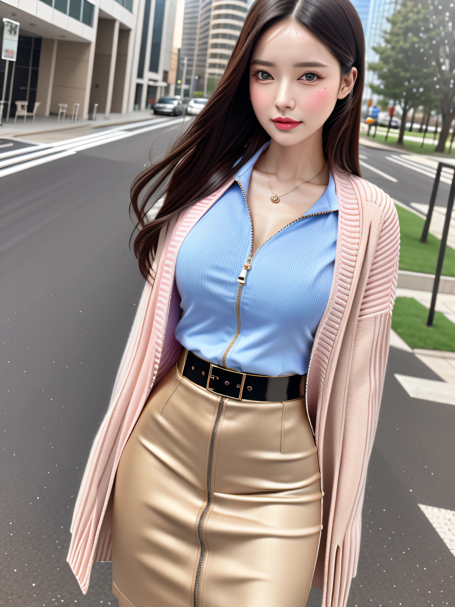 best quality, masterpiece, 1girl, Beautiful face, (photo realistic:1.3), rim lighting, (high detailed skin:1.2), 8k uhd, dslr, high quality, high resolution, 4k, 8k, Bokeh, absurdres, best ratio four finger and one thumb, (realistic:1.3), cute 1girl, wearing a detailed formal weather news caster outfit:1.5, pink blouse:1.3, blue zip-up cardigan:1.3, beige flared skirt:1.3, medium-large breast:1.25