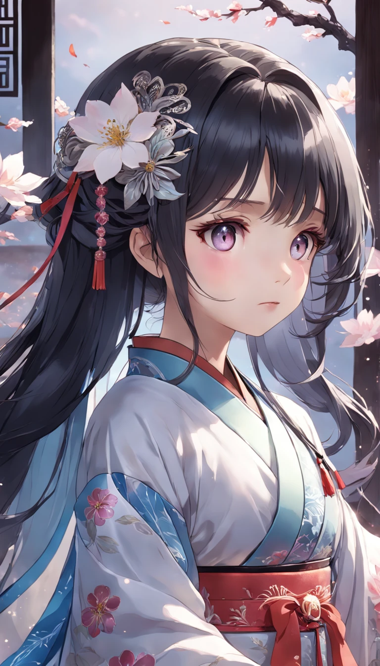 (Little girl:1.5),Lace,ribbon,Hanfu,(Masterpiece, side-lighting, Beautiful gray eyes,The details are meticulous: 1.2), Masterpiece, Realistic, Glowing eyes,Shiny hair,Black hair,long whitr hair, Glossy glossy skin, Solo, embarressed,No shoulder strap,Exquisite,prettify,sonoko,Flowers,flying petal,