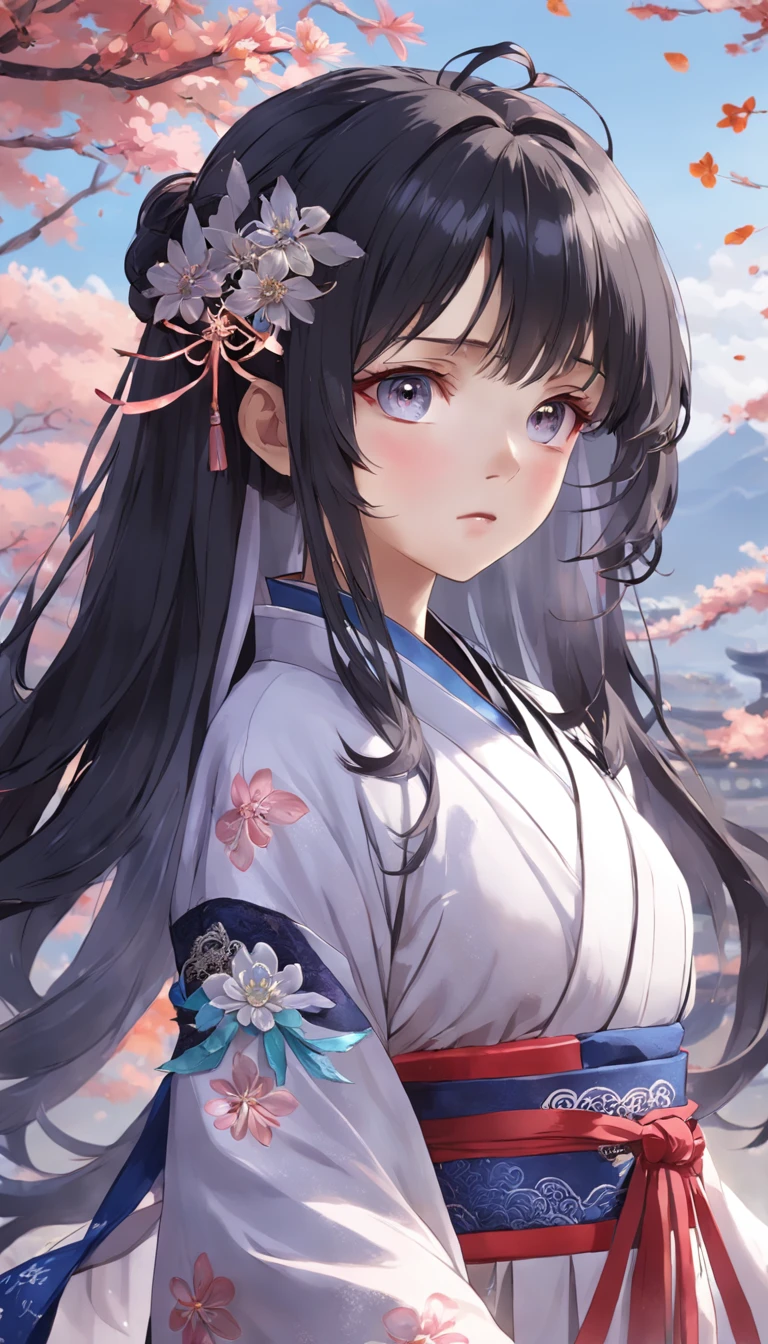 (Little girl:1.5),Lace,ribbon,Hanfu,(Masterpiece, side-lighting, Beautiful gray eyes，The details are meticulous: 1.2), Masterpiece, Realistic, Glowing eyes,Shiny hair,Black hair,long whitr hair, Glossy glossy skin, Solo, embarressed,No shoulder strap,Exquisite,prettify,sonoko,Flowers,flying petal,