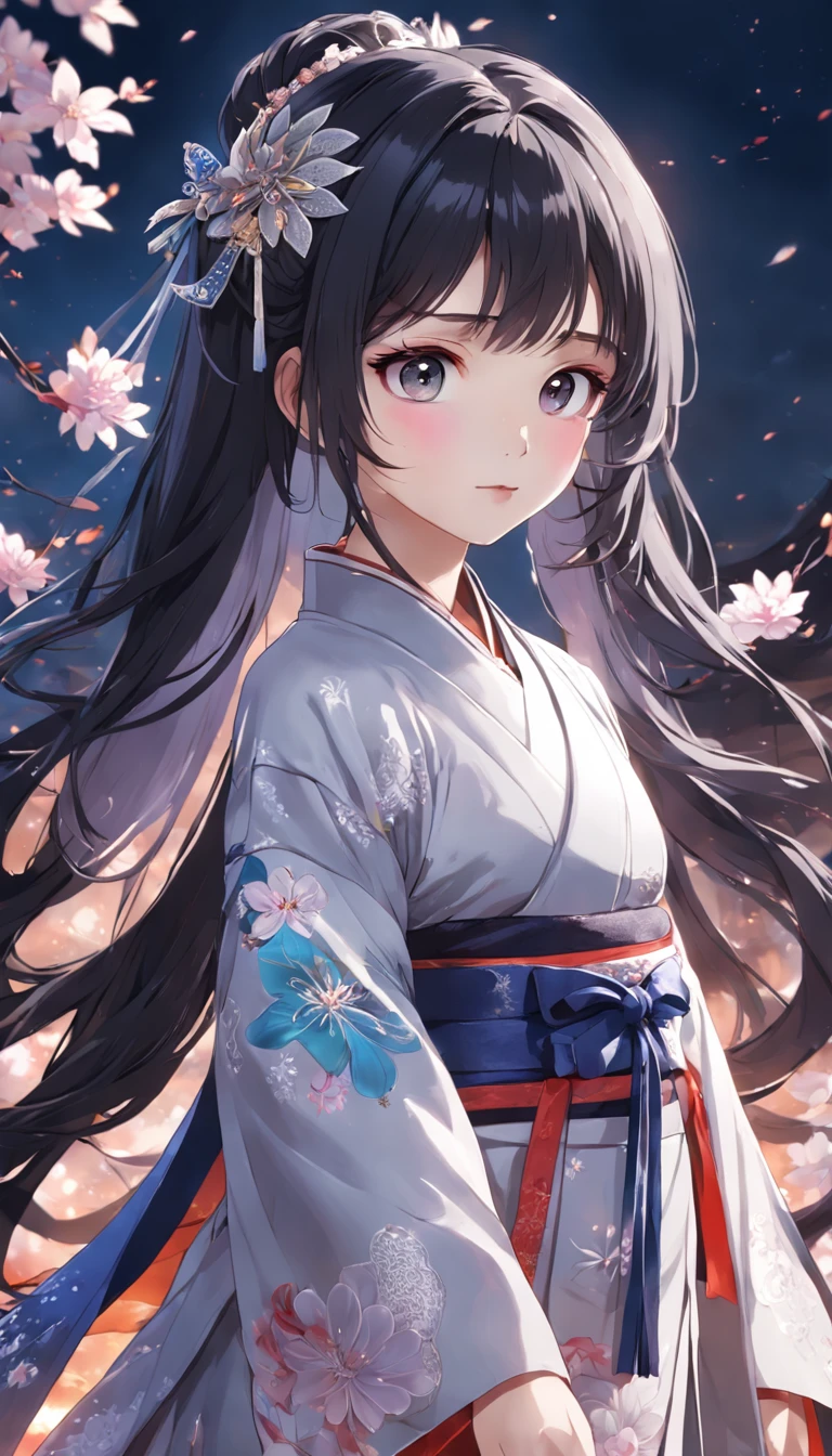 (Little girl:1.5),Lace,ribbon,Hanfu,(Masterpiece, side-lighting, Beautiful gray eyes，The details are meticulous: 1.2), Masterpiece, Realistic, Glowing eyes,Shiny hair,Black hair,long whitr hair, Glossy glossy skin, Solo, embarressed,No shoulder strap,Exquisite,prettify,sonoko,Flowers,flying petal,