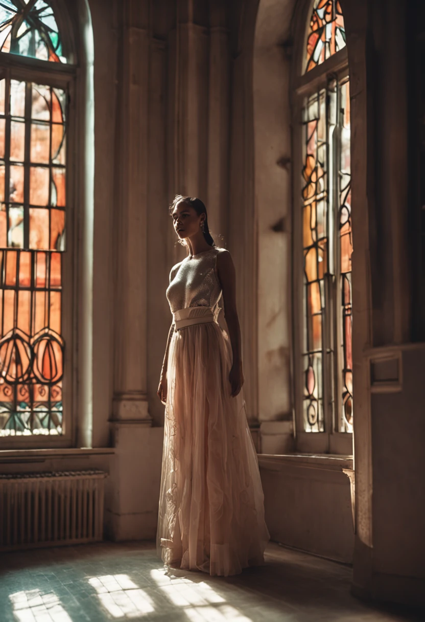 one-girl，Stand in the middle of the window，Contre-Jour，Side overhead light，reflective light，long  skirt，Drop to the floor， Layers of skirts，Light penetrates the skirt，Light and shadow intertwined，lightand shade contrast，Intertwined，big breasts beautiful，Modern princess dress，Expensive wind， （long whitr hair），（Long hair with micro-curls），（Close-up），（bust）