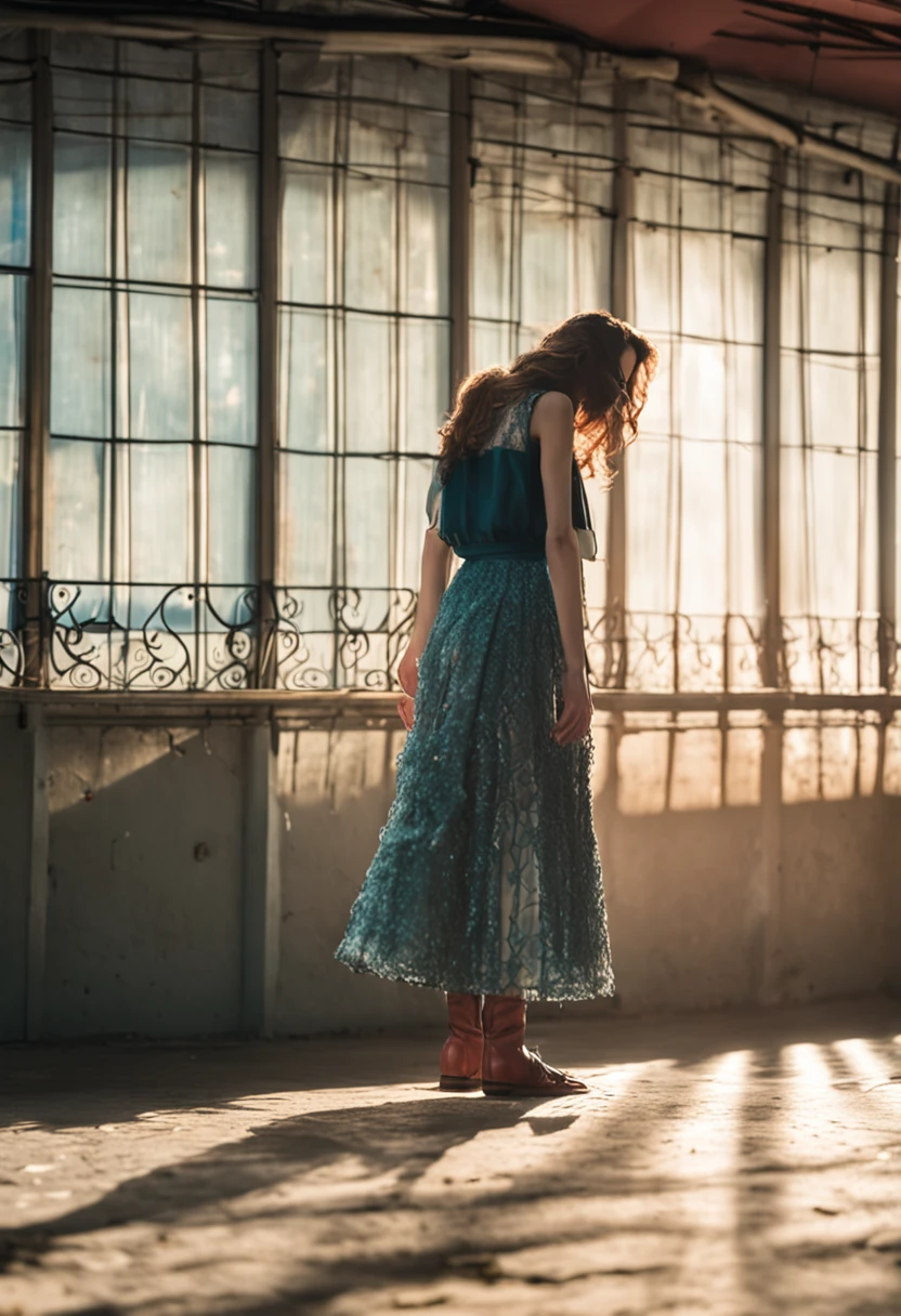 one-girl,Stand in the middle of the window,Contre-Jour,Side overhead light,reflective light,long skirt,Drop to the floor, Layers of skirts,Light penetrates the skirt,Light and shadow intertwined,lightand shade contrast,Intertwined,big breasts beautiful,Modern princess dress,Expensive wind, (long whitr hair),(Long hair with micro-curls),(Close-up),(bust)