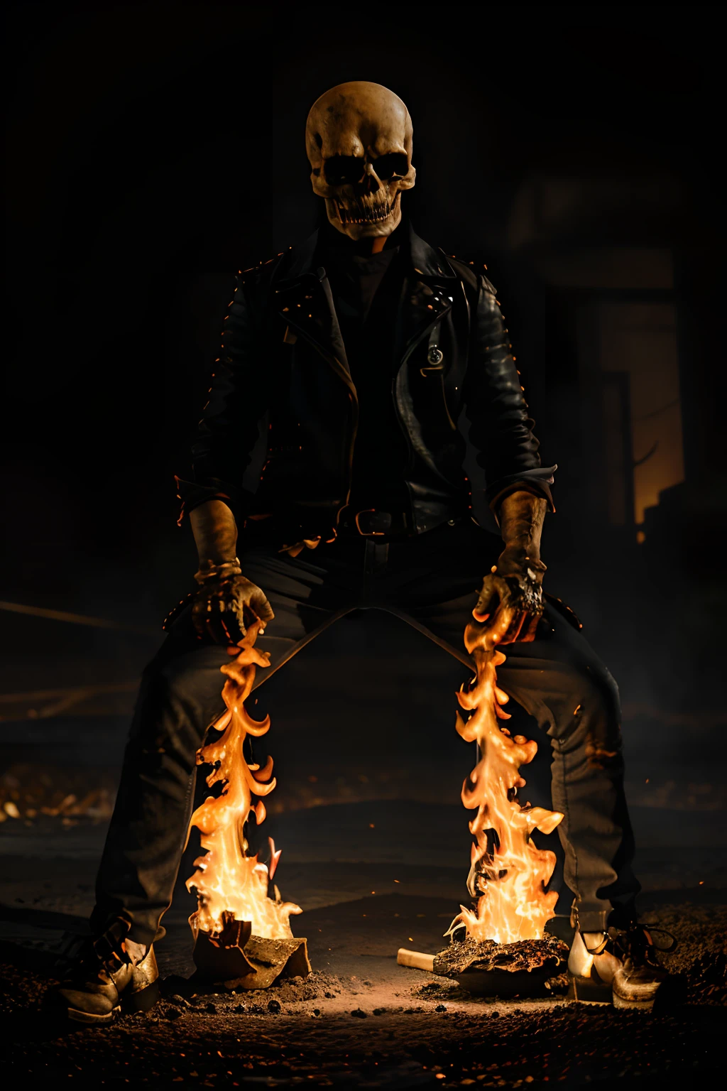 An epic action movie，Ghost Rider with a flaming skull，Stud-encrusted leather jacket，chain，Sit on the（（Motorcycle with glowing orange wheels））Curly，racing down a dark city street，A litany of fires was left behind。
1人，spark of light，ember，A high resolution，A high resolution，Sharp focus，the detail，cinematic ligh，Artistic shadows，HDR。