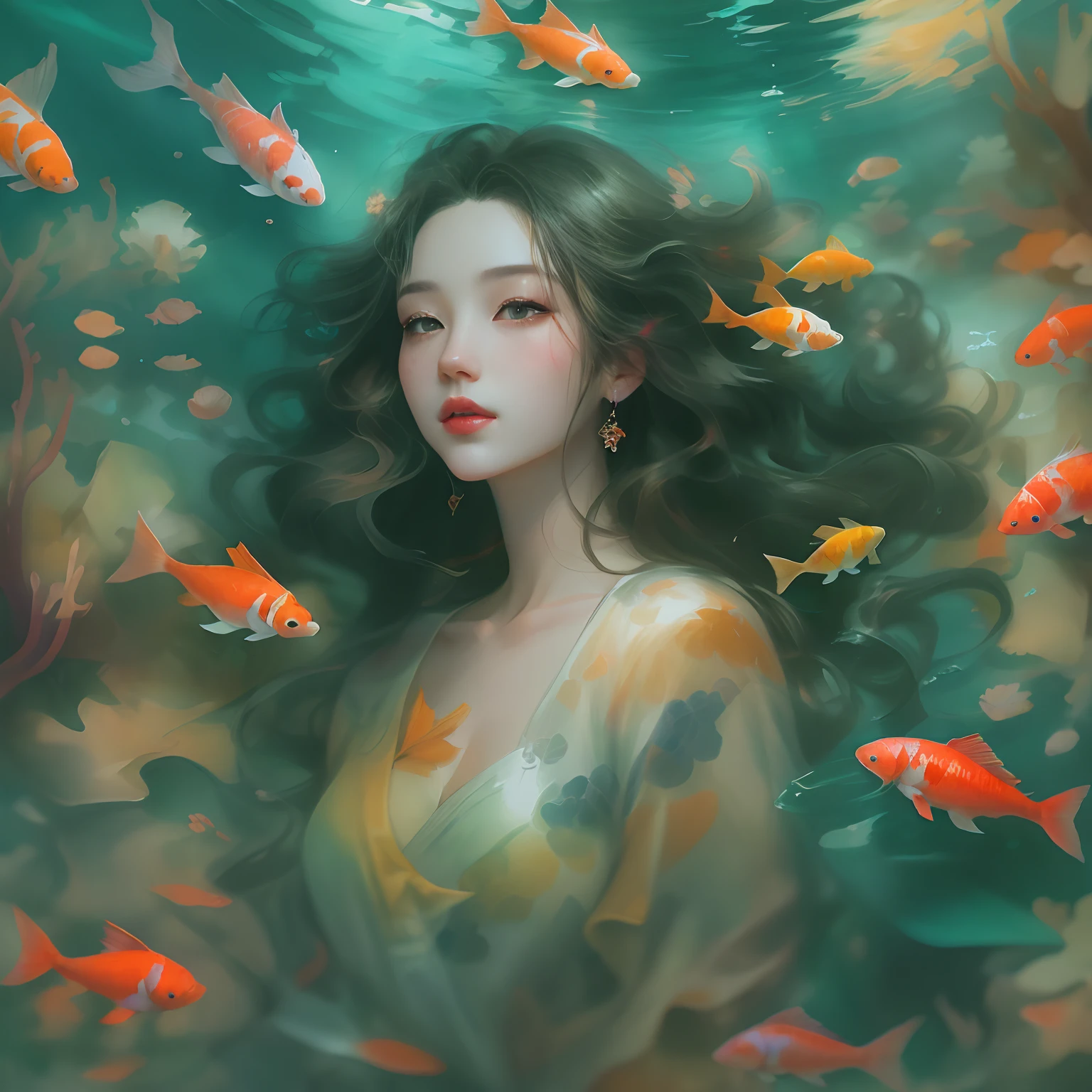 The background is the underwater world，Portrait of a beautiful girl in the underwater world，curlies，Long hair flowing in the water，Beautiful koi，Garnish with coral，Marine life,The corals,Rochas,Messy painting style,Beautiful digital illustration, by Yang J, A beautiful artwork illustration, Beautiful digital artwork, By Li Song, By Ni Tian, in the art style of bowater, Exquisite digital illustration, inspired by Yanjun Cheng, stunning digital illustration, beautiful digital painting, Guviz-style artwork