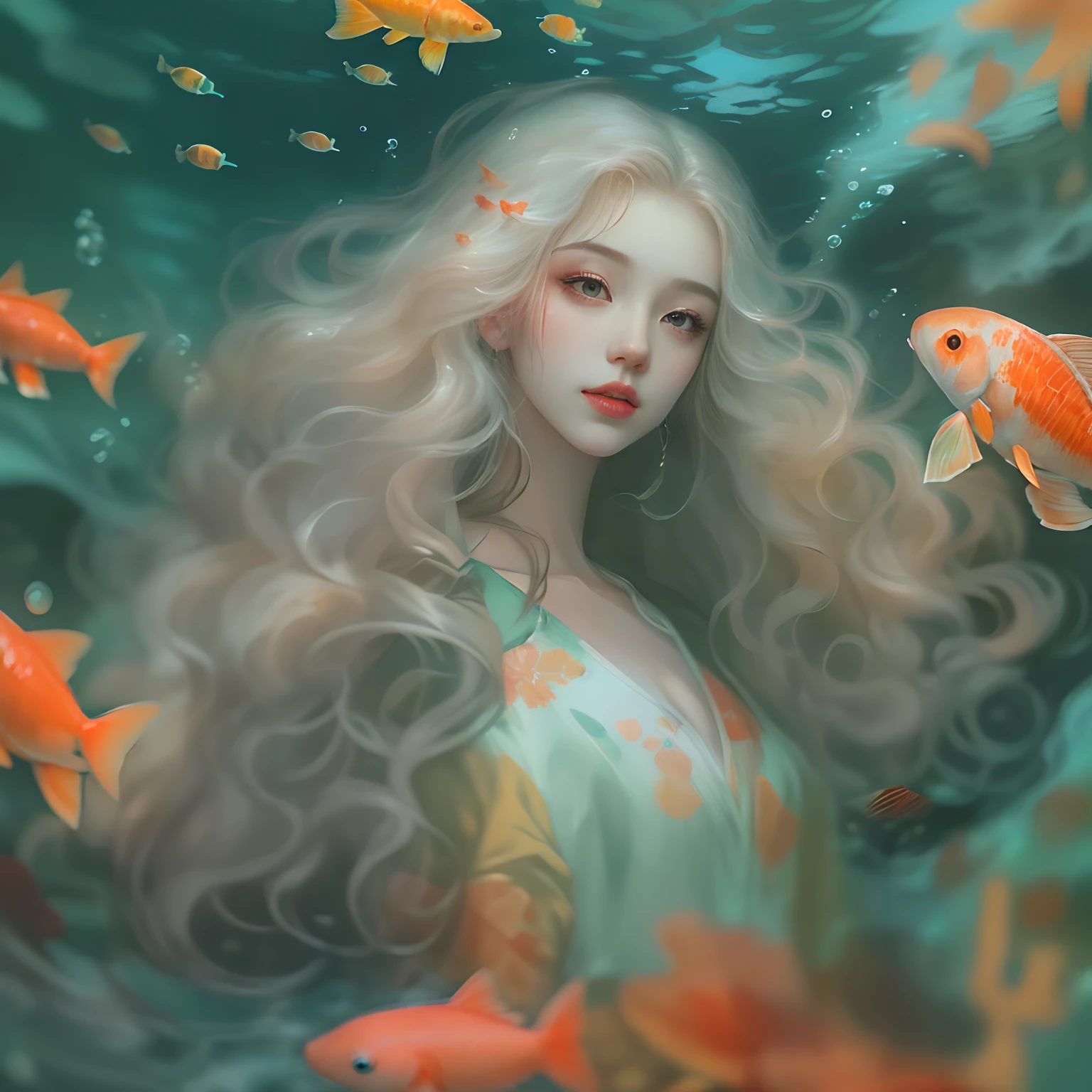 The background is the underwater world，Portrait of a beautiful girl in the underwater world，curlies，Long hair flowing in the water，Beautiful koi，Garnish with coral，Marine life,The corals,Rochas,Messy painting style,Beautiful digital illustration, by Yang J, A beautiful artwork illustration, Beautiful digital artwork, By Li Song, By Ni Tian, in the art style of bowater, Exquisite digital illustration, inspired by Yanjun Cheng, stunning digital illustration, beautiful digital painting, Guviz-style artwork