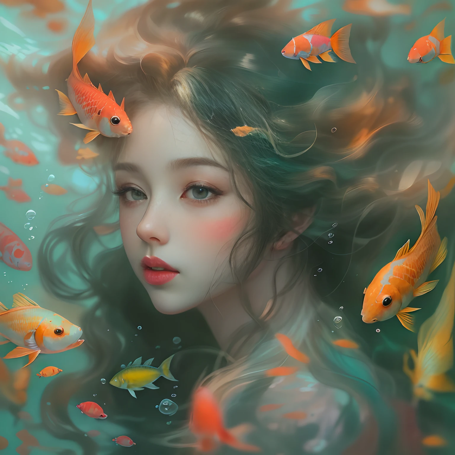 The background is the underwater world，Portrait of a beautiful girl in the underwater world，curlies，Long hair flowing in the water，Beautiful koi，Garnish with coral，Marine life,The corals,Rochas,Messy painting style,Beautiful digital illustration, by Yang J, A beautiful artwork illustration, Beautiful digital artwork, By Li Song, By Ni Tian, in the art style of bowater, Exquisite digital illustration, inspired by Yanjun Cheng, stunning digital illustration, beautiful digital painting, Guviz-style artwork