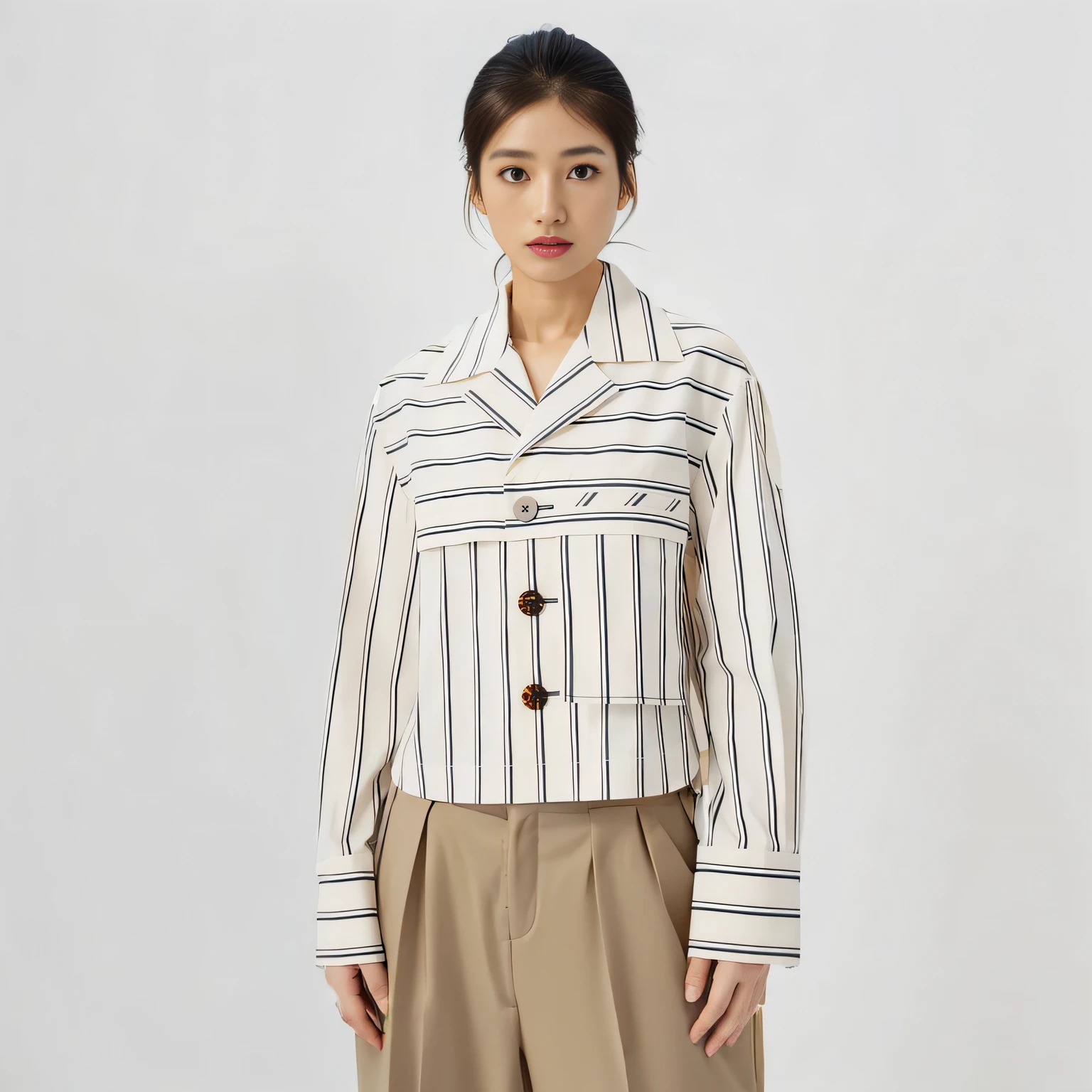 A woman in a white jacket and tan pants stands in front of a white wall, cropped shirt with jacket, naoya tanaka, jia, maya takamura, wearing stripe shirt, Short jacket, ji-min, macoto takahashi, ( ivory black ), Striped shirt, streaked, shirt, yasumoto oka, 2 0 2 0 fashion