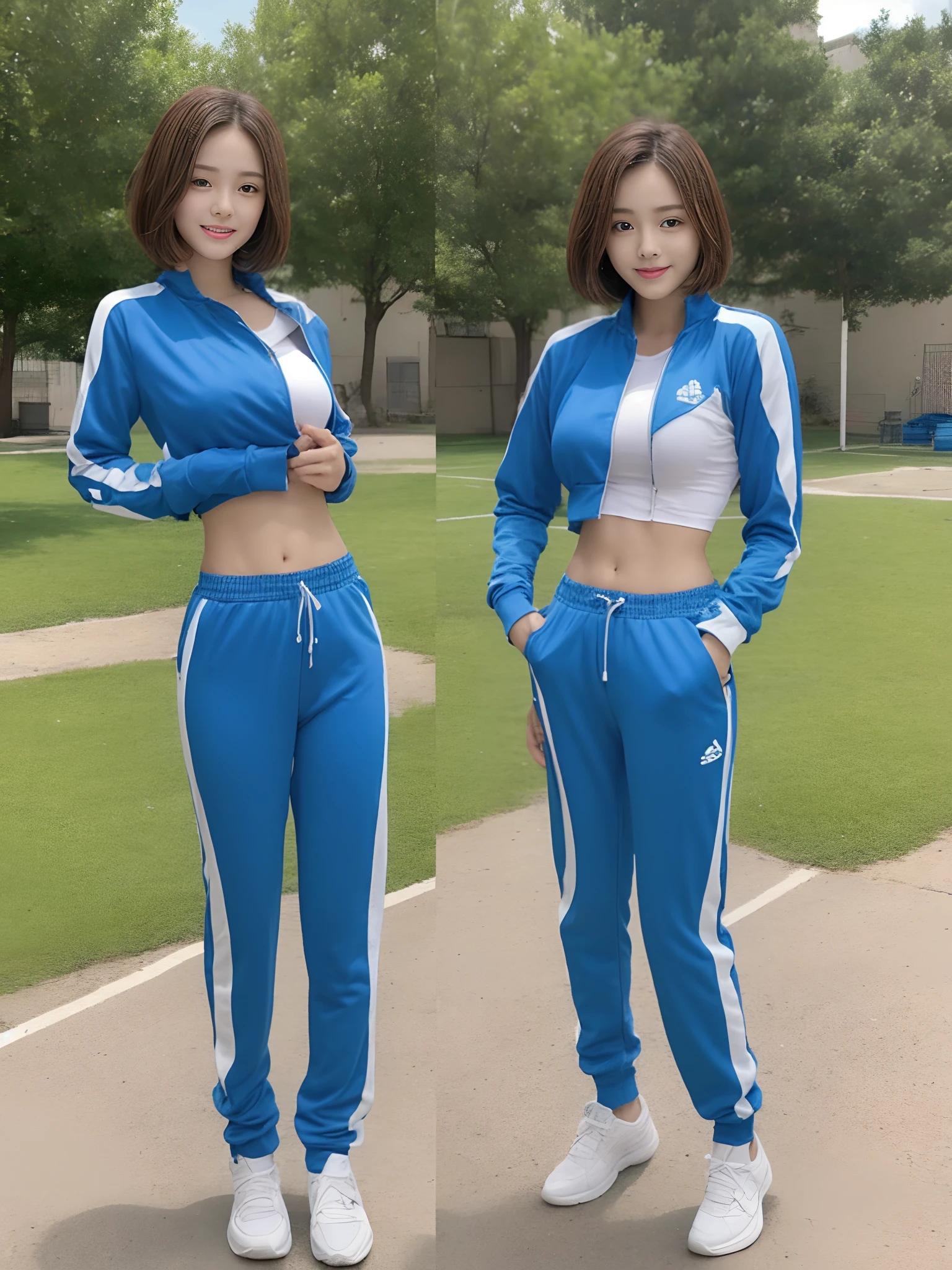 1 very beautiful female high school student，Wear blue and white tracksuits，Play volleyball on the school playground，Super high value，Petite perfect body，Beautiful ultra-short hair，Delicate hair，Fair face and skin，There are beads of sweat hanging down，Have fun on the playground，Breasts are full and huge:1.5，Chest hyperexcion，（The tracksuit on the chest is high and bulging, Tightness and bulging:1.5），Delicate fair and soft toes，White and delicate fingers，fully body photo