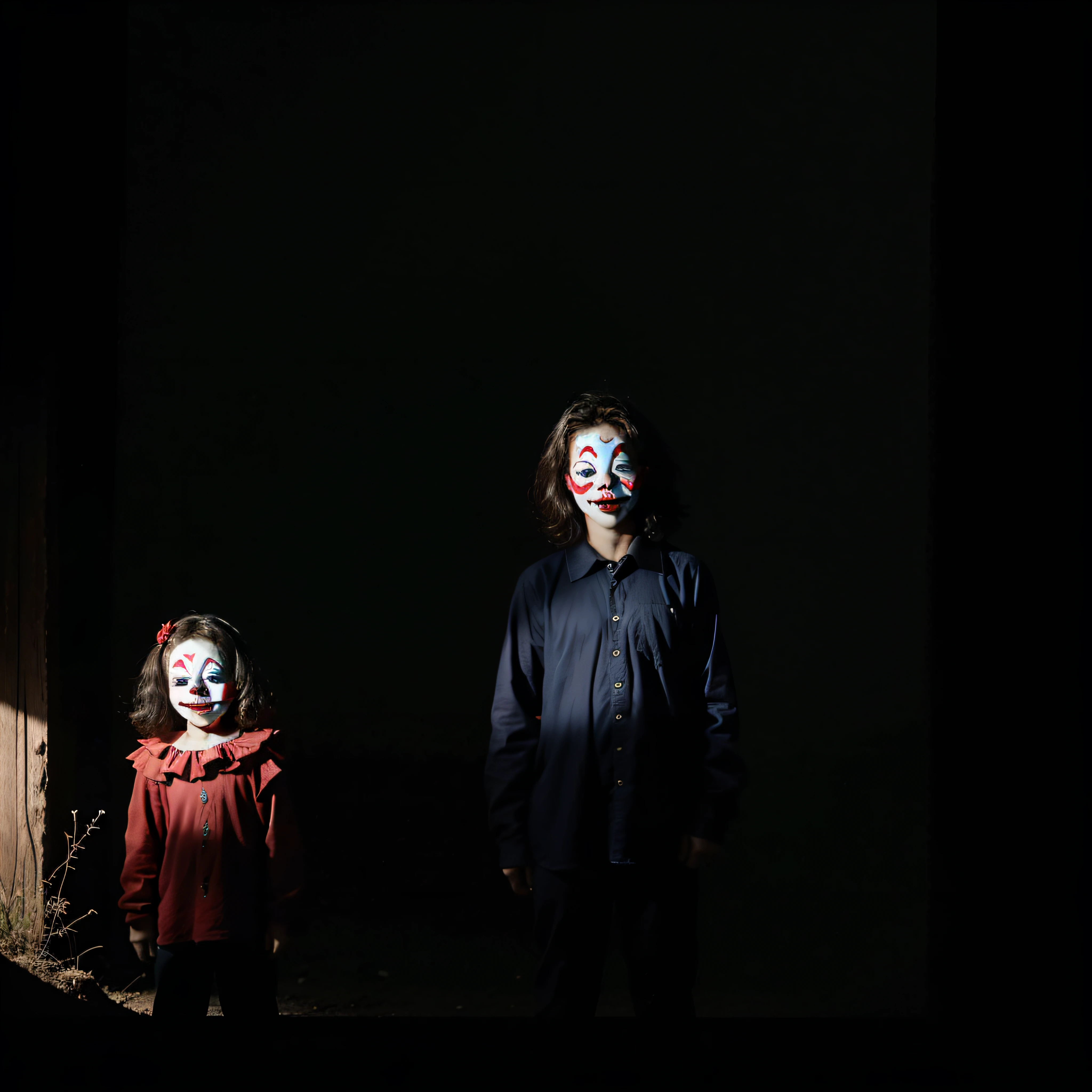 (extremadamente detallado, obra maestra, La mejor calidad, foto antigua, principios de siglo) dark kids with horror clown masks, colmillos, una linterna directa lo ilumina, bosque de noche. plano cercano. sangre por el suelo.