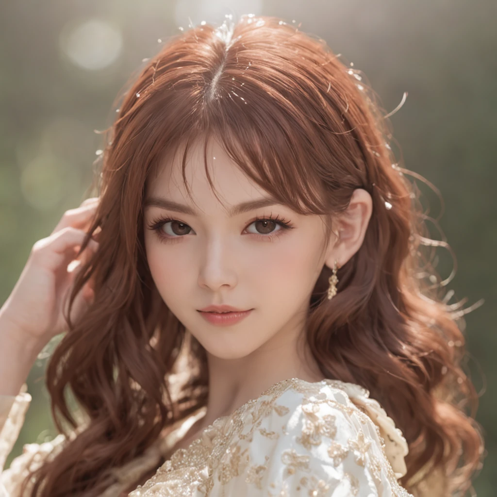 Beautiful complex reddish-brown hair，Sparkling star eyes，Under soft lighting，Genshin walnut short flat round cap，Smile with wide eyes，Mysterious ornamentation，Nervous shock。